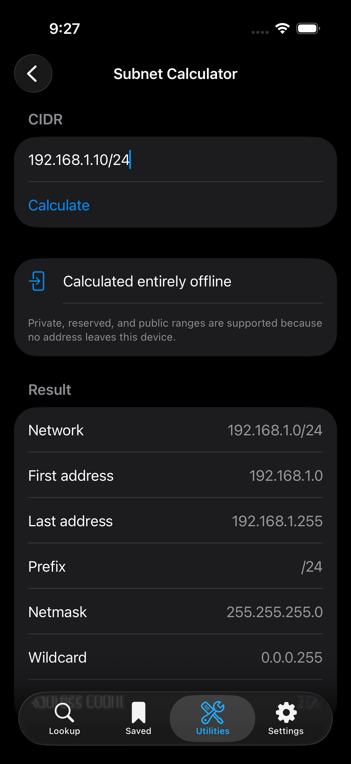 IP Lens Subnet Calculator screen showing an offline IPv4 CIDR calculation