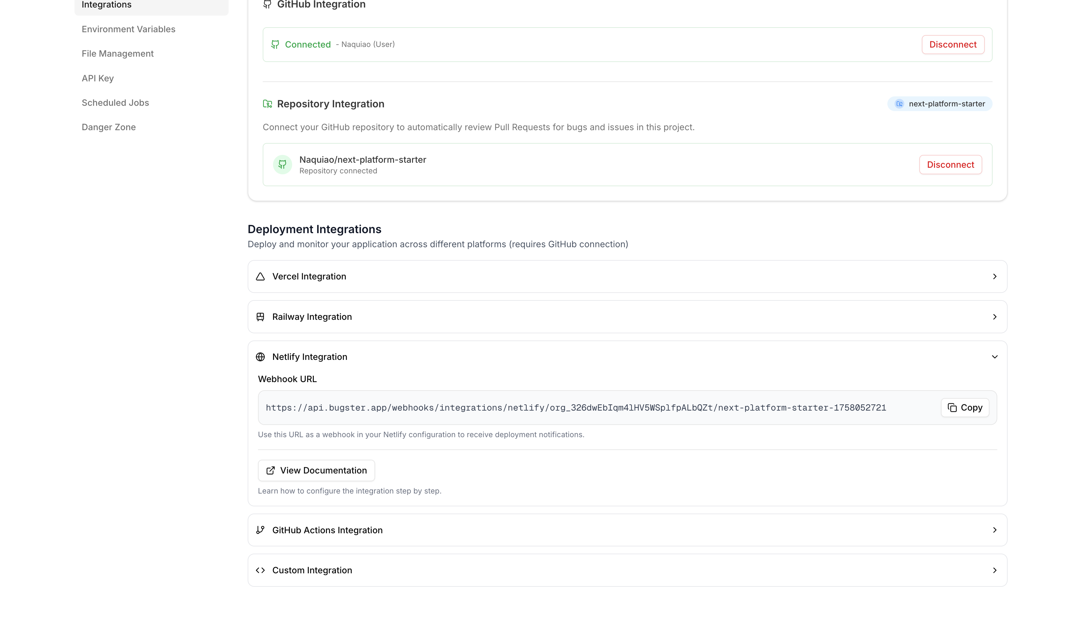 Bugster Netlify integration settings