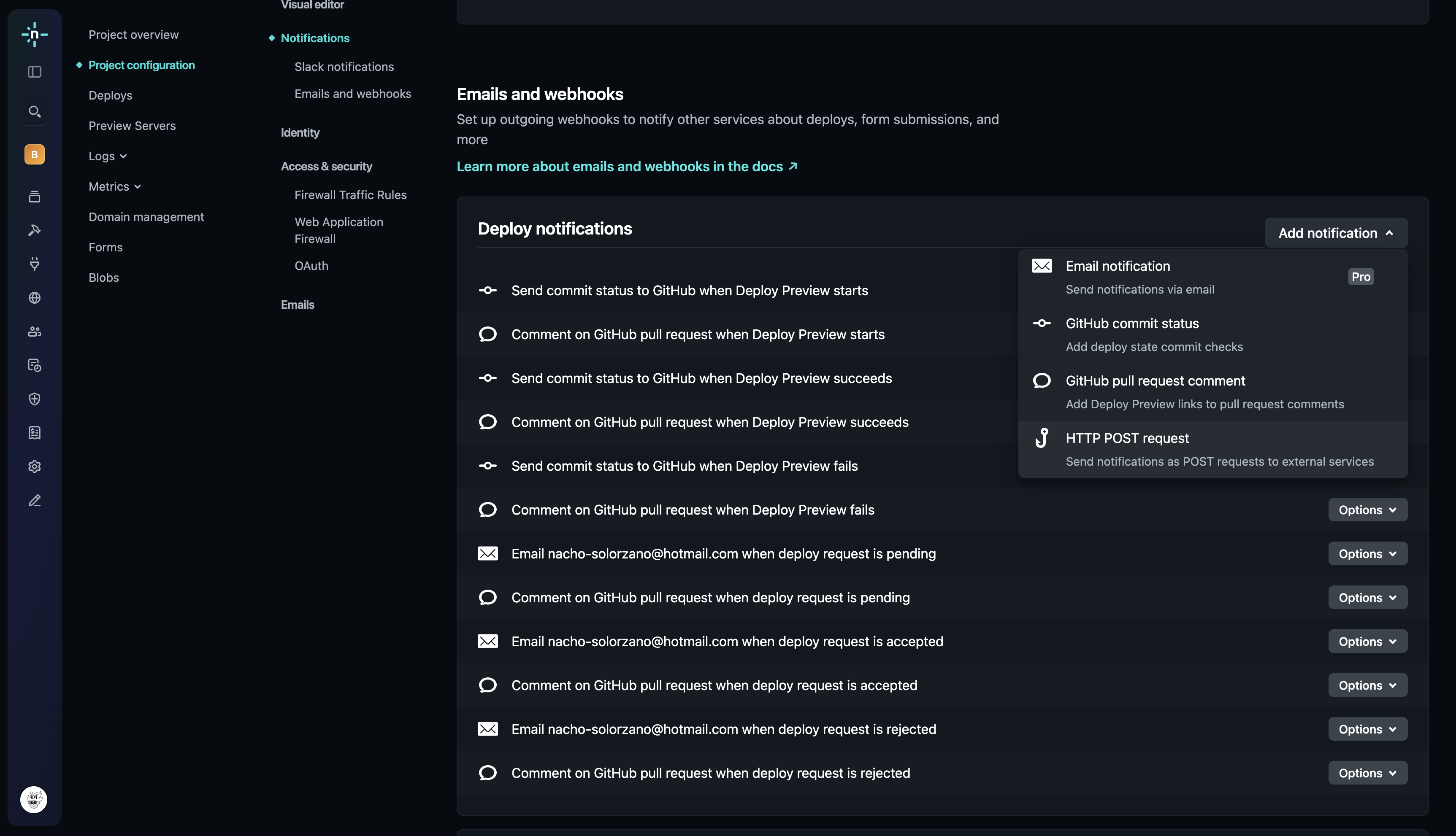 Netlify notifications settings