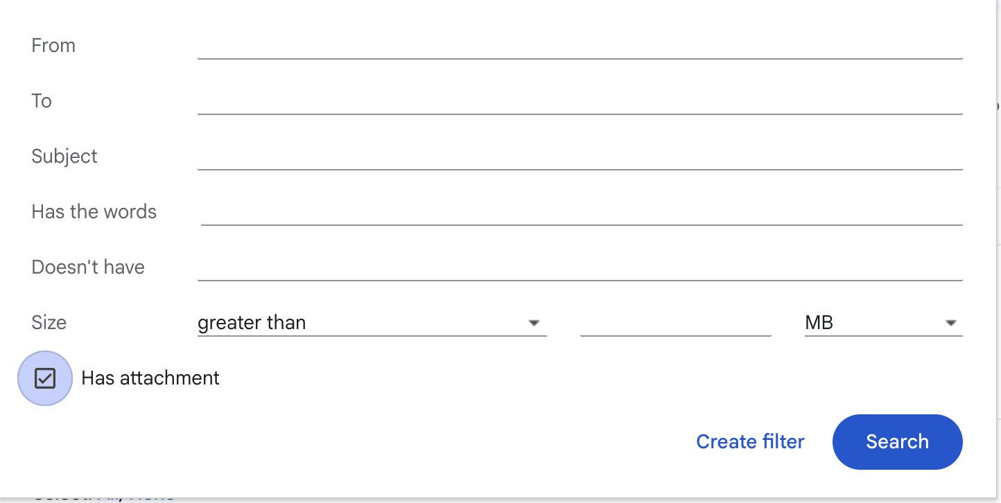 The Gmail filter form with Has attachment selected