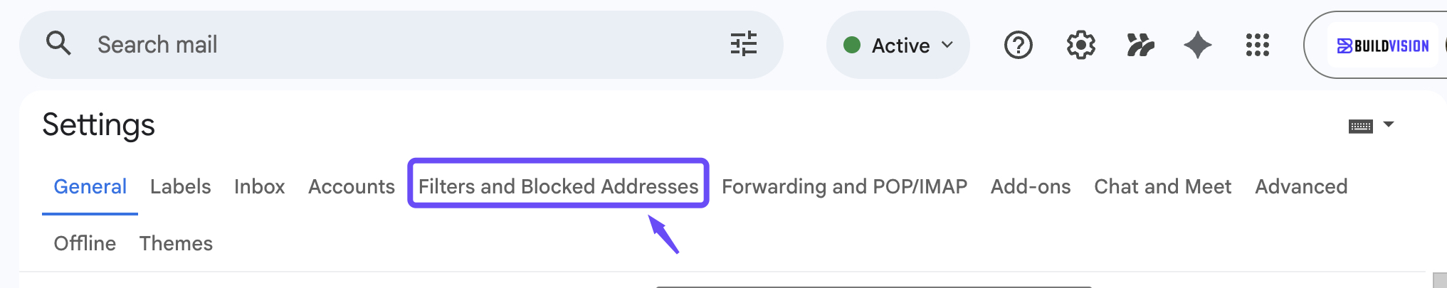 The Filters and Blocked Addresses tab in Gmail settings