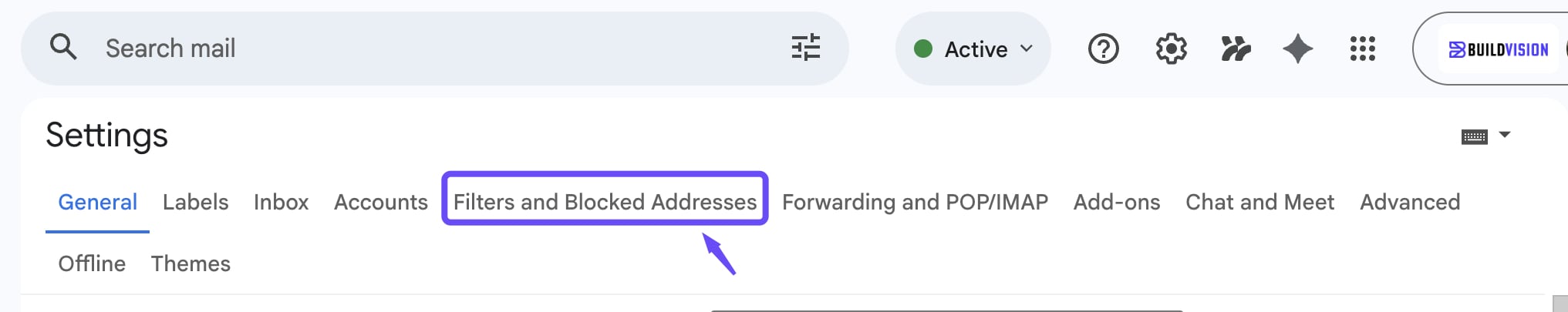 The Filters and Blocked Addresses tab in Gmail settings