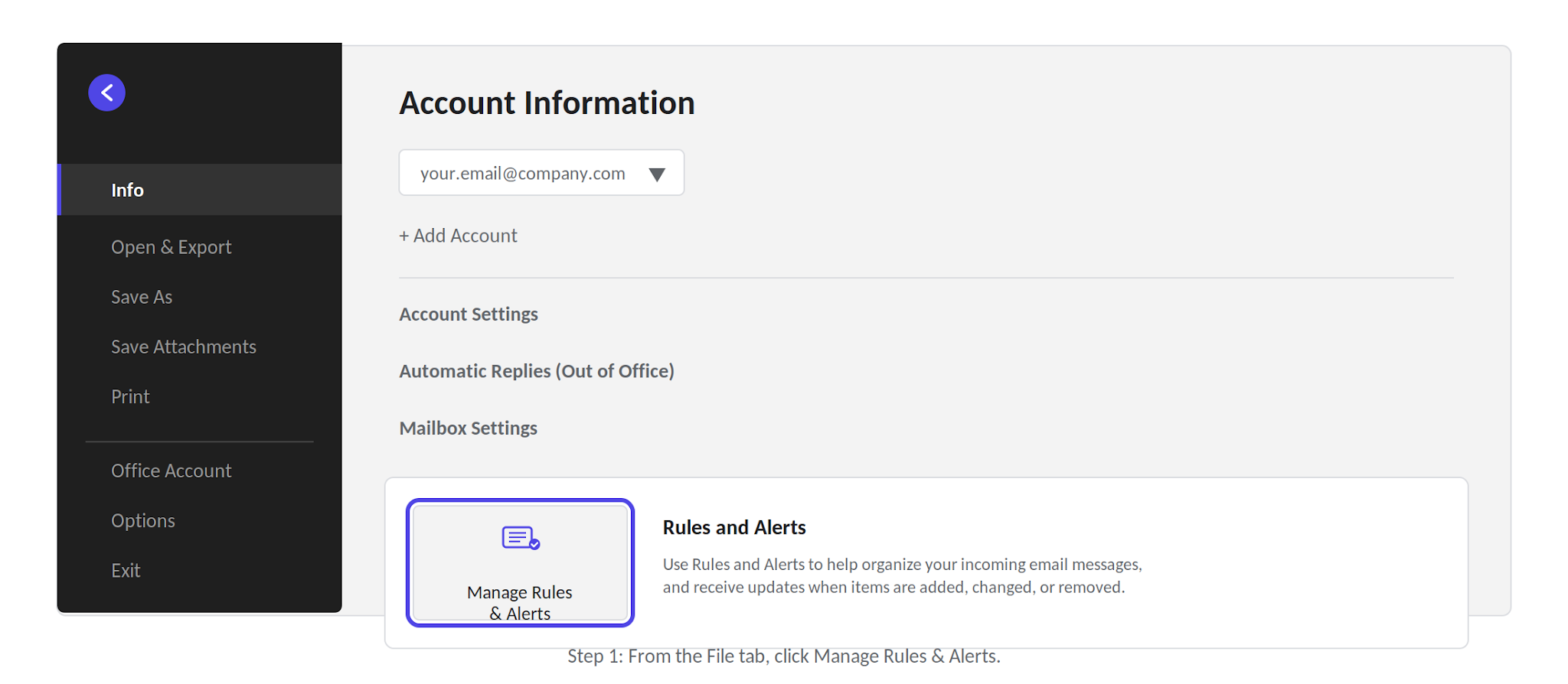 The File tab with Manage Rules and Alerts in Outlook for Windows