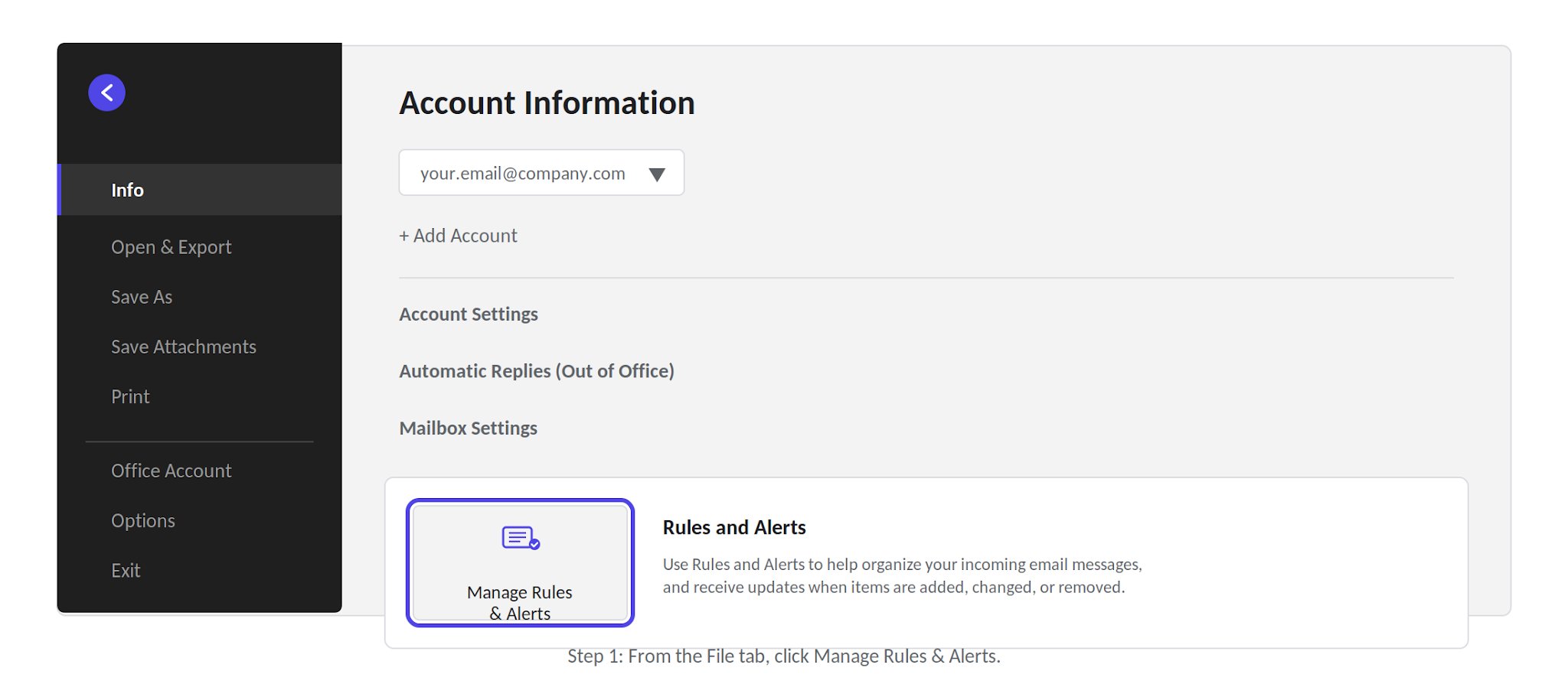 The File tab with Manage Rules and Alerts in Outlook for Windows