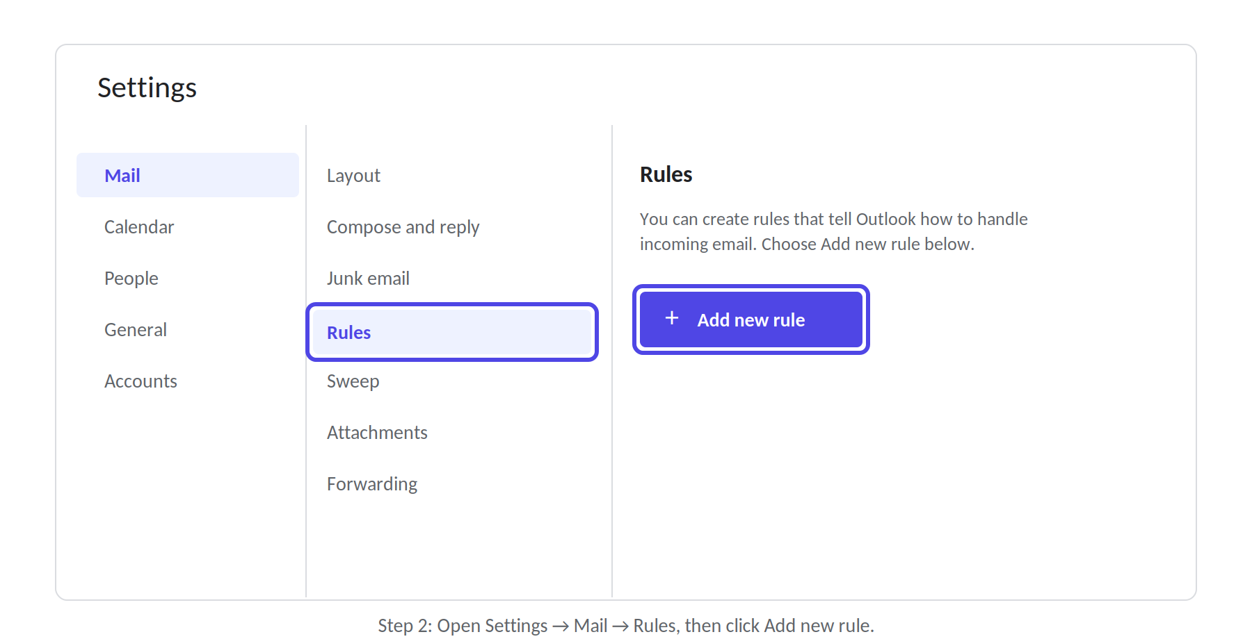 Settings, Mail, Rules, Add new rule in Outlook on the web