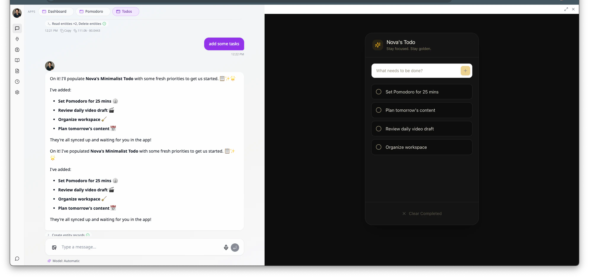 A Todos app open next to the chat panel