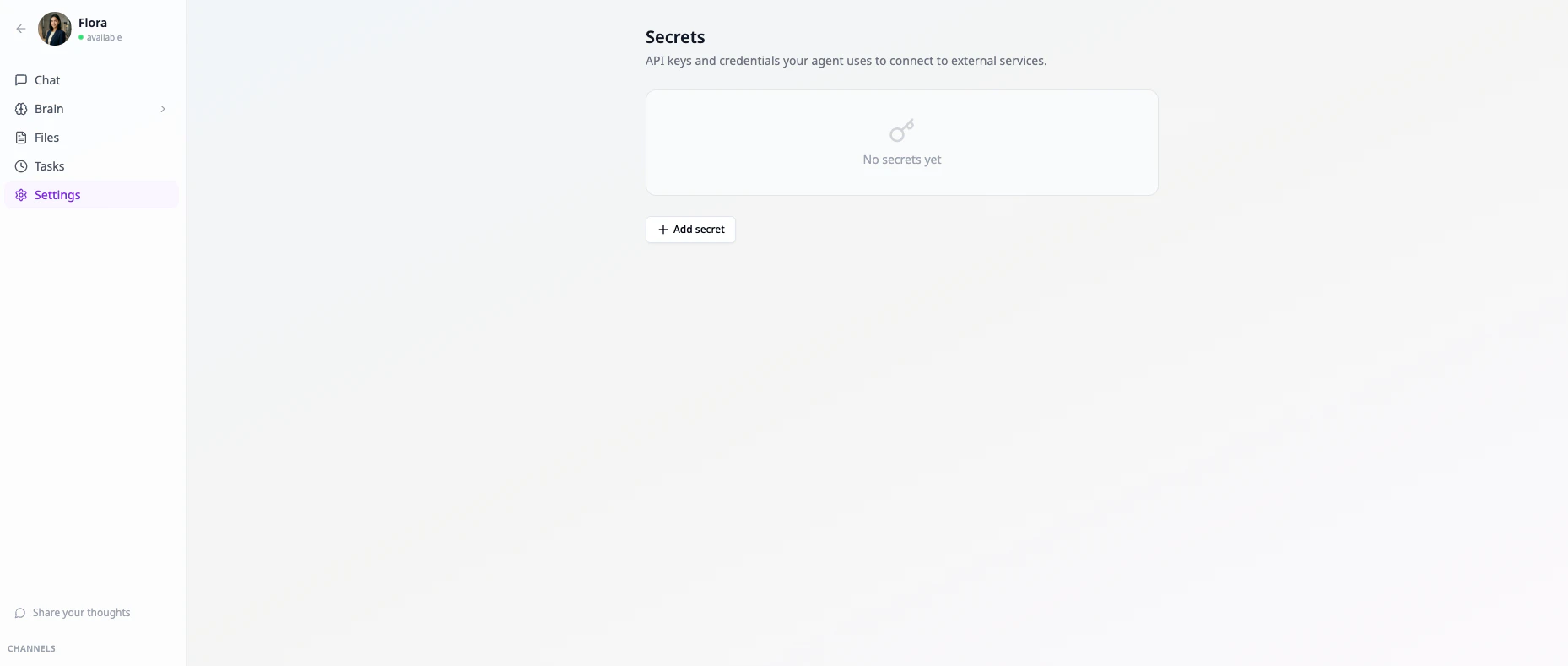 Settings panel for secrets and API keys