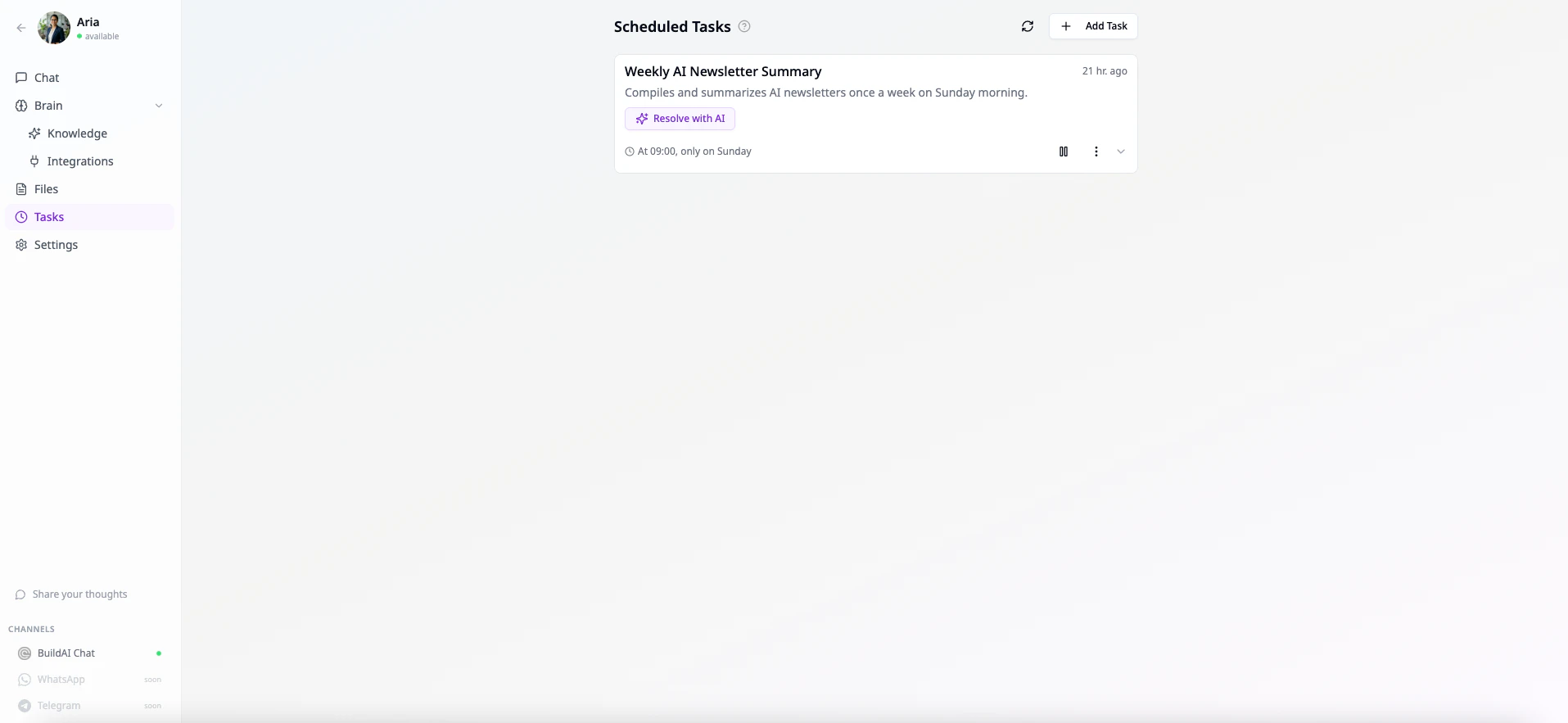 Tasks panel for scheduled automations