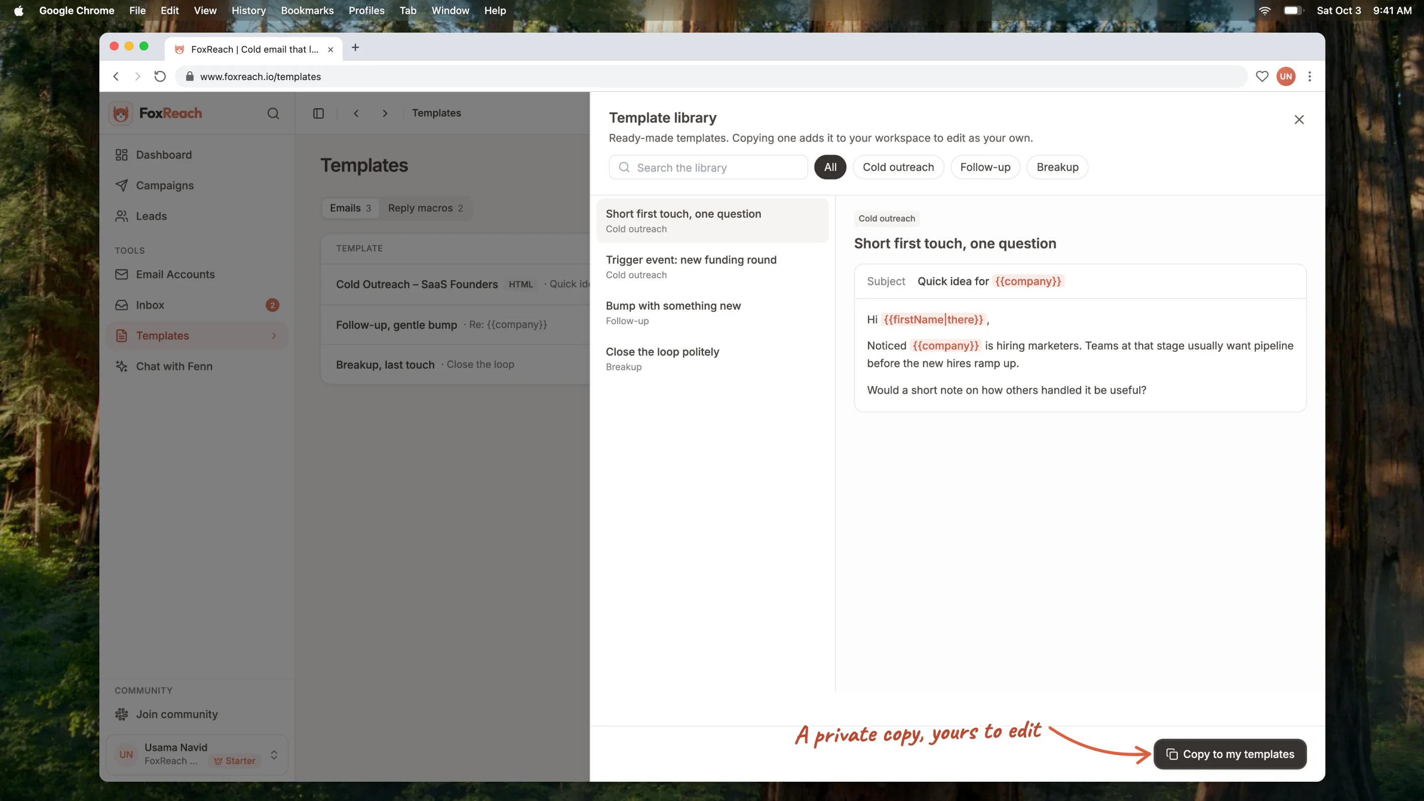 The FoxReach template library with ready-made templates on the left, the full email on the right, and Copy to my templates