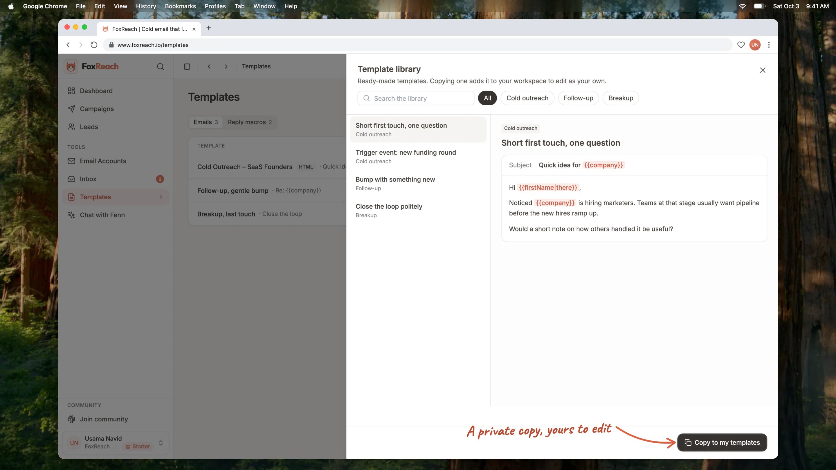The FoxReach template library with ready-made templates on the left, the full email on the right, and Copy to my templates