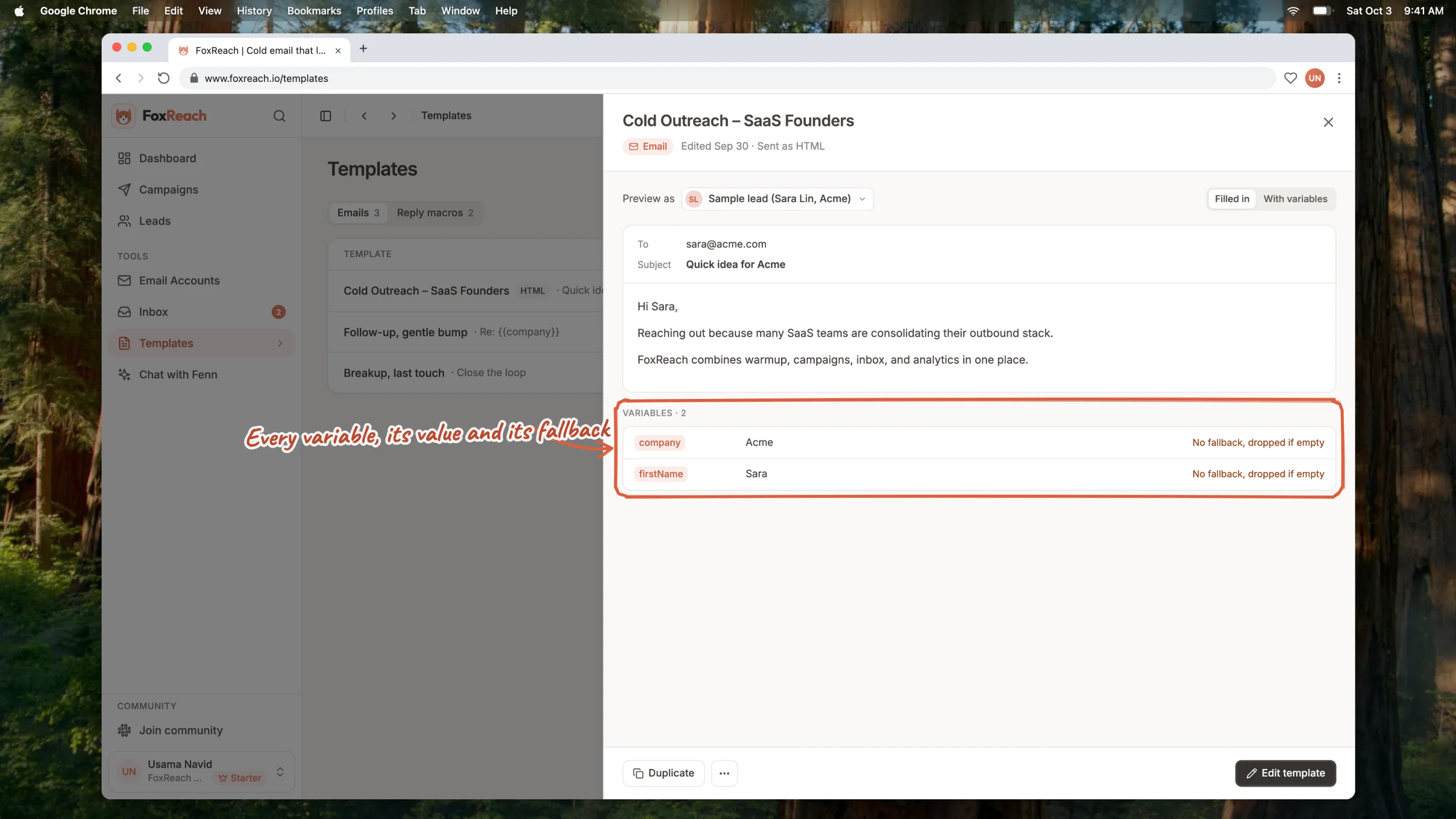 The template preview in FoxReach showing the email filled in for a lead, with the Variables list giving each variable's value and fallback