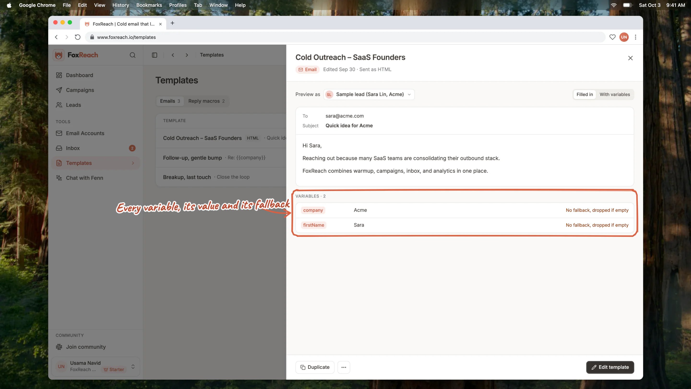 The template preview in FoxReach showing the email filled in for a lead, with the Variables list giving each variable's value and fallback