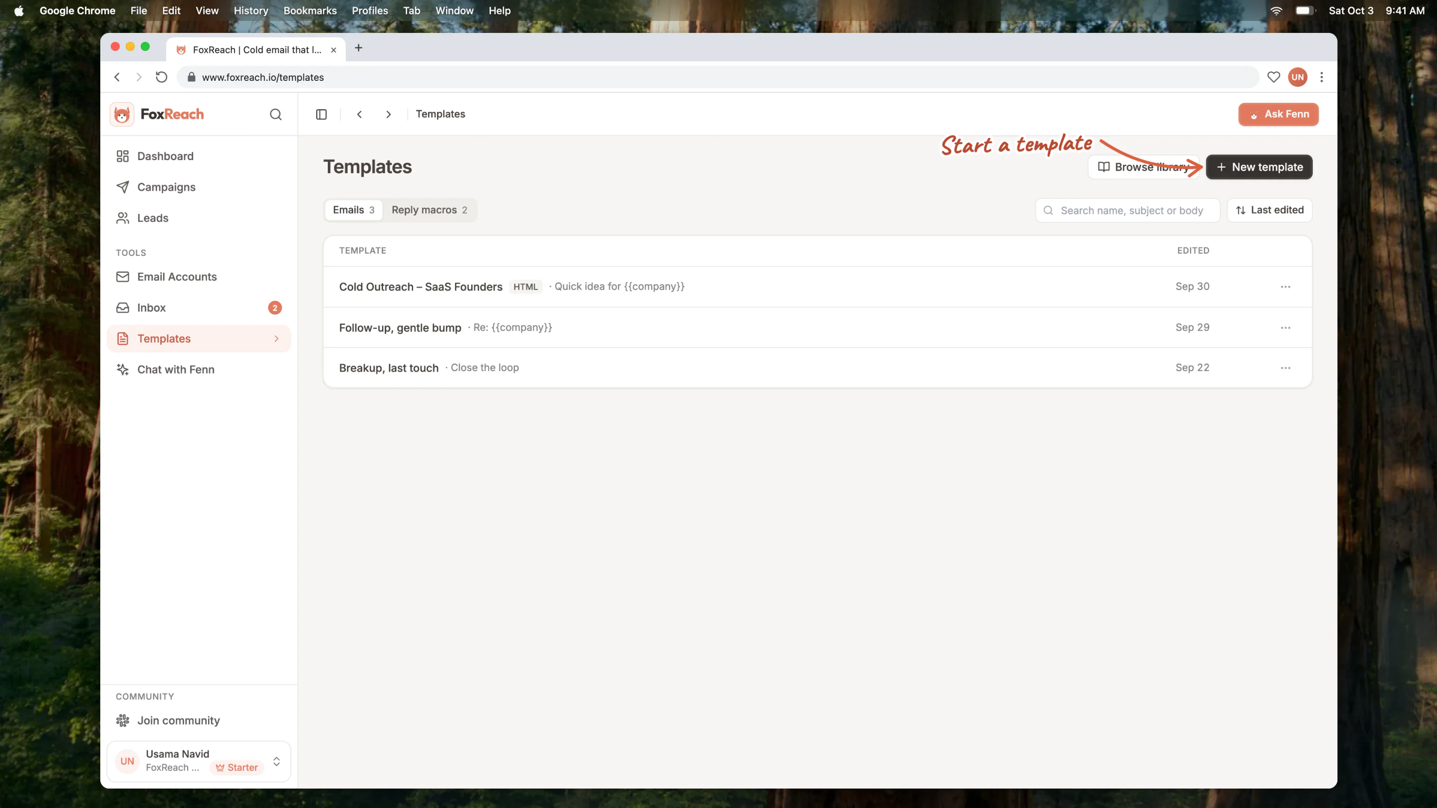 The FoxReach Templates page with the Emails and Reply macros switch, search, and one row per template showing its name, subject, and edited date
