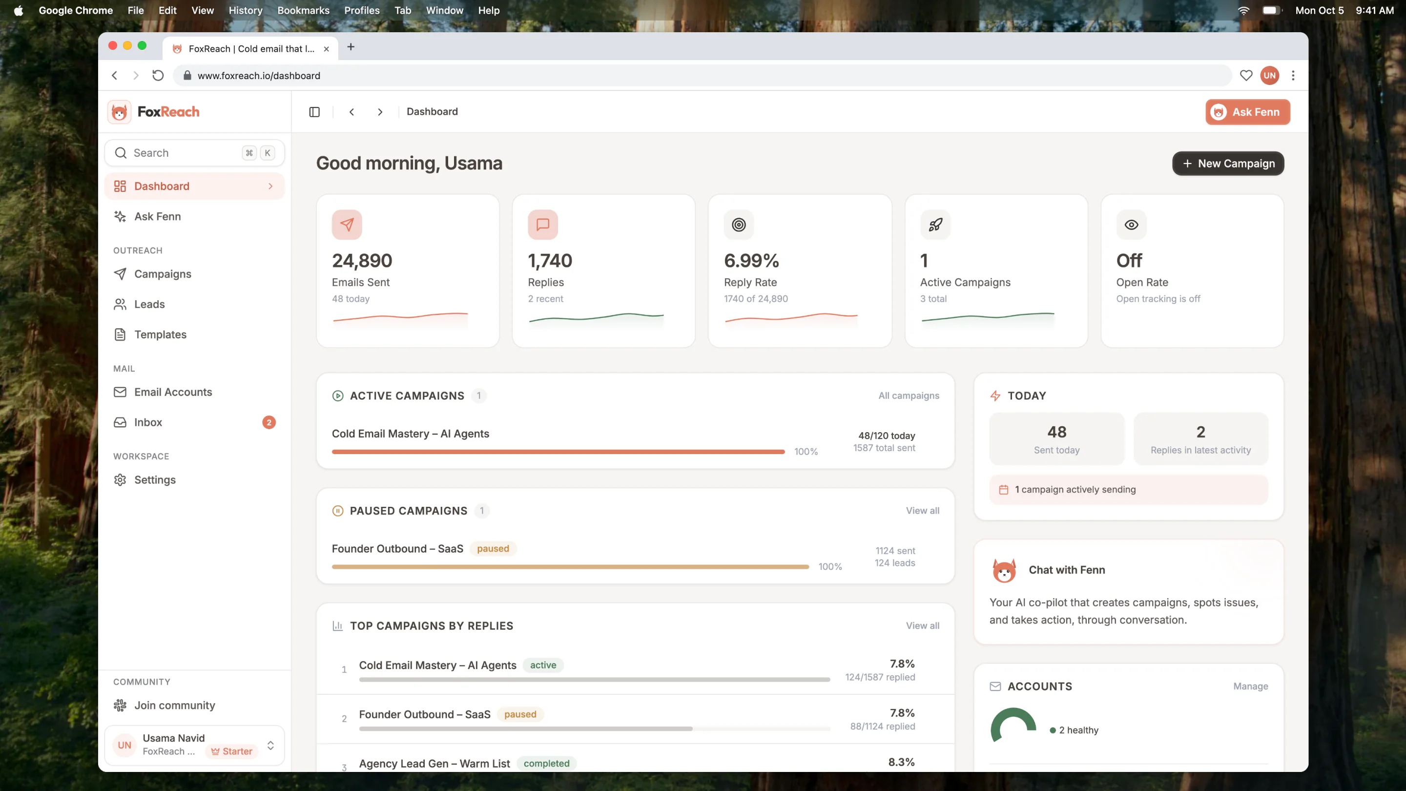 The FoxReach Dashboard showing Emails Sent, Replies, Reply Rate, Active Campaigns and Open Rate, the Top Campaigns by Replies leaderboard and the Recent Activity feed