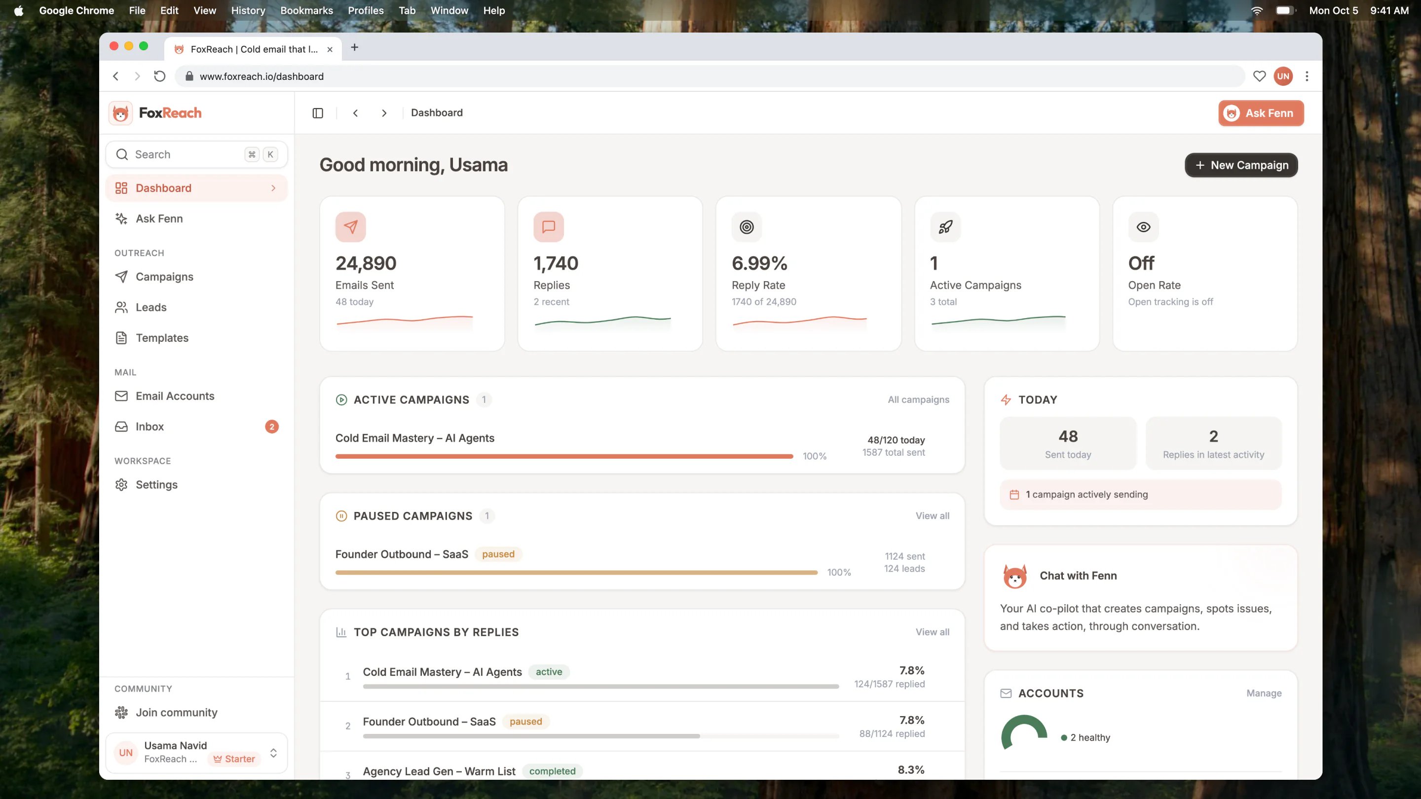 The FoxReach Dashboard showing Emails Sent, Replies, Reply Rate, Active Campaigns and Open Rate, the Top Campaigns by Replies leaderboard and the Recent Activity feed