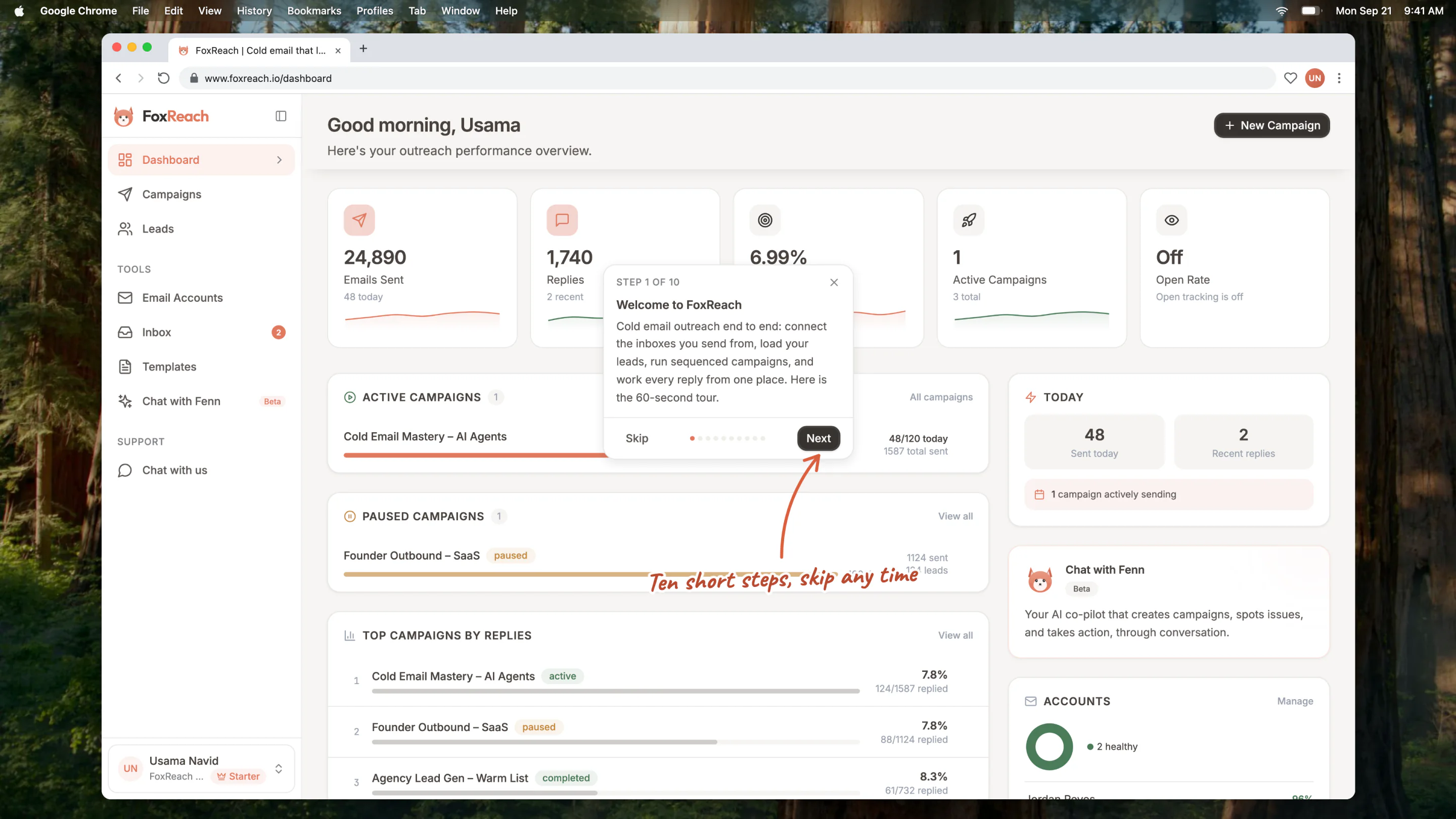 The first step of the product tour on the Dashboard, with Skip, the step dots and Next
