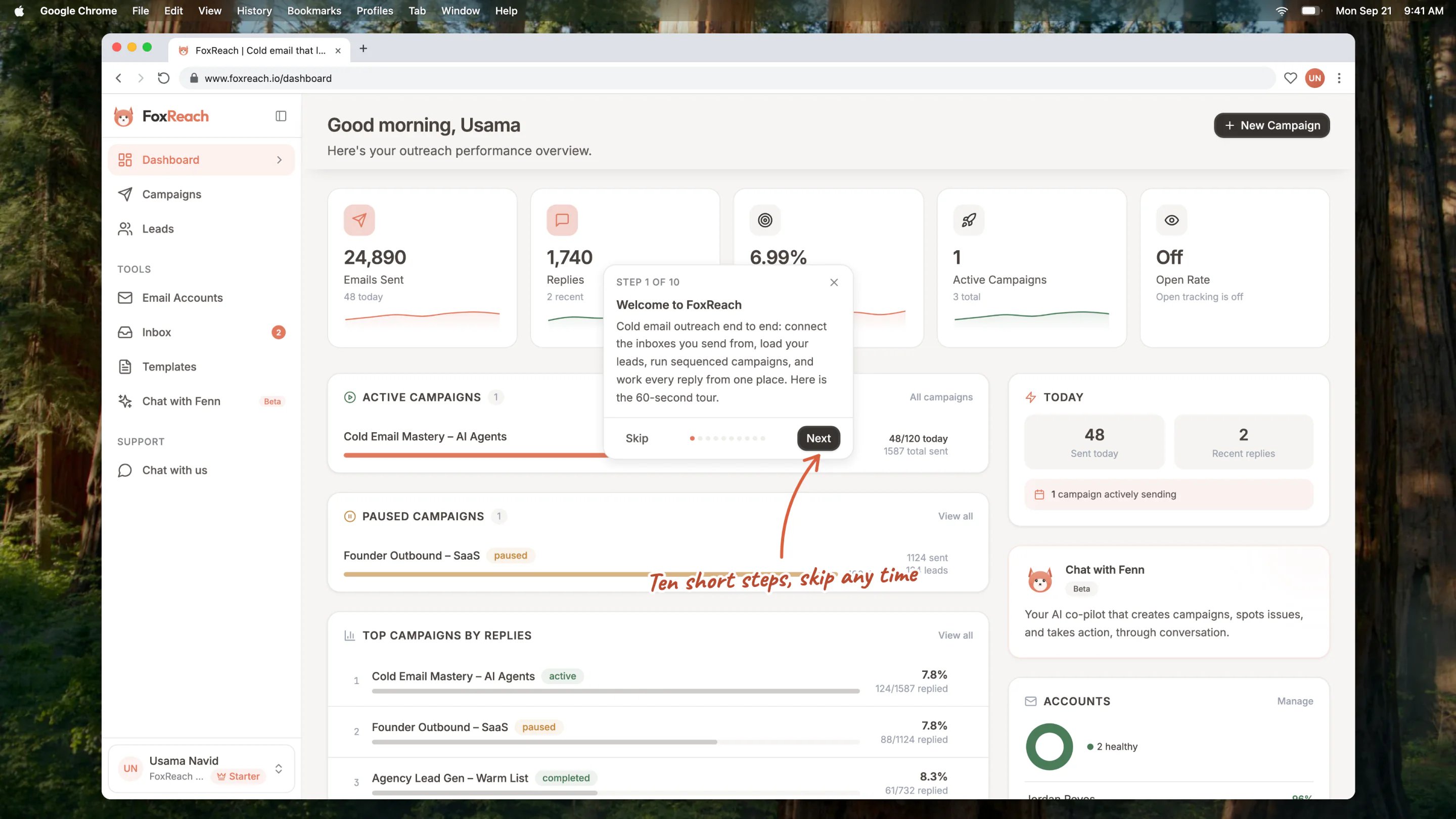 The first step of the product tour on the Dashboard, with Skip, the step dots and Next
