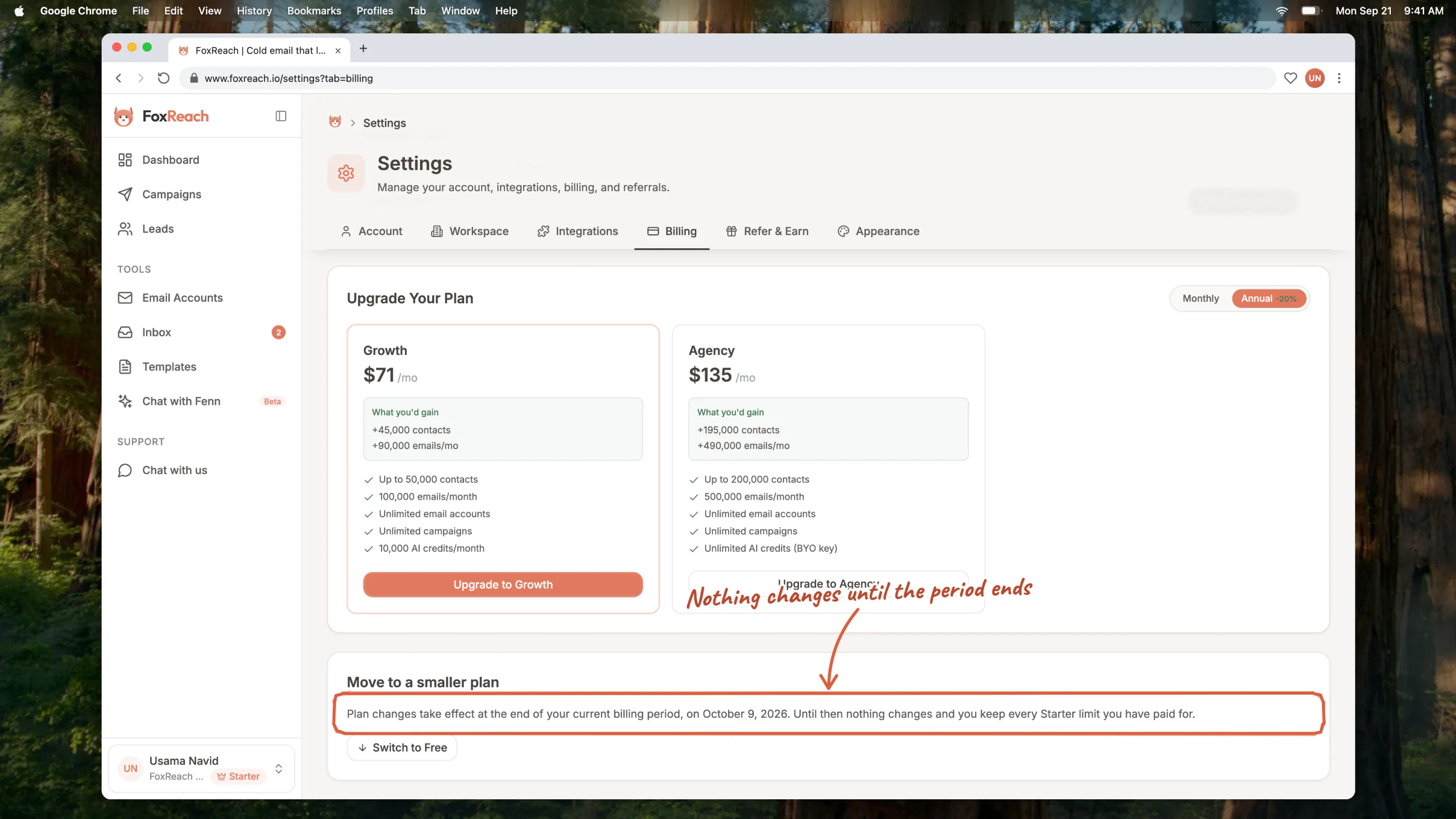 The Move to a smaller plan section, which says plan changes take effect at the end of the current billing period, with the Switch to Free button