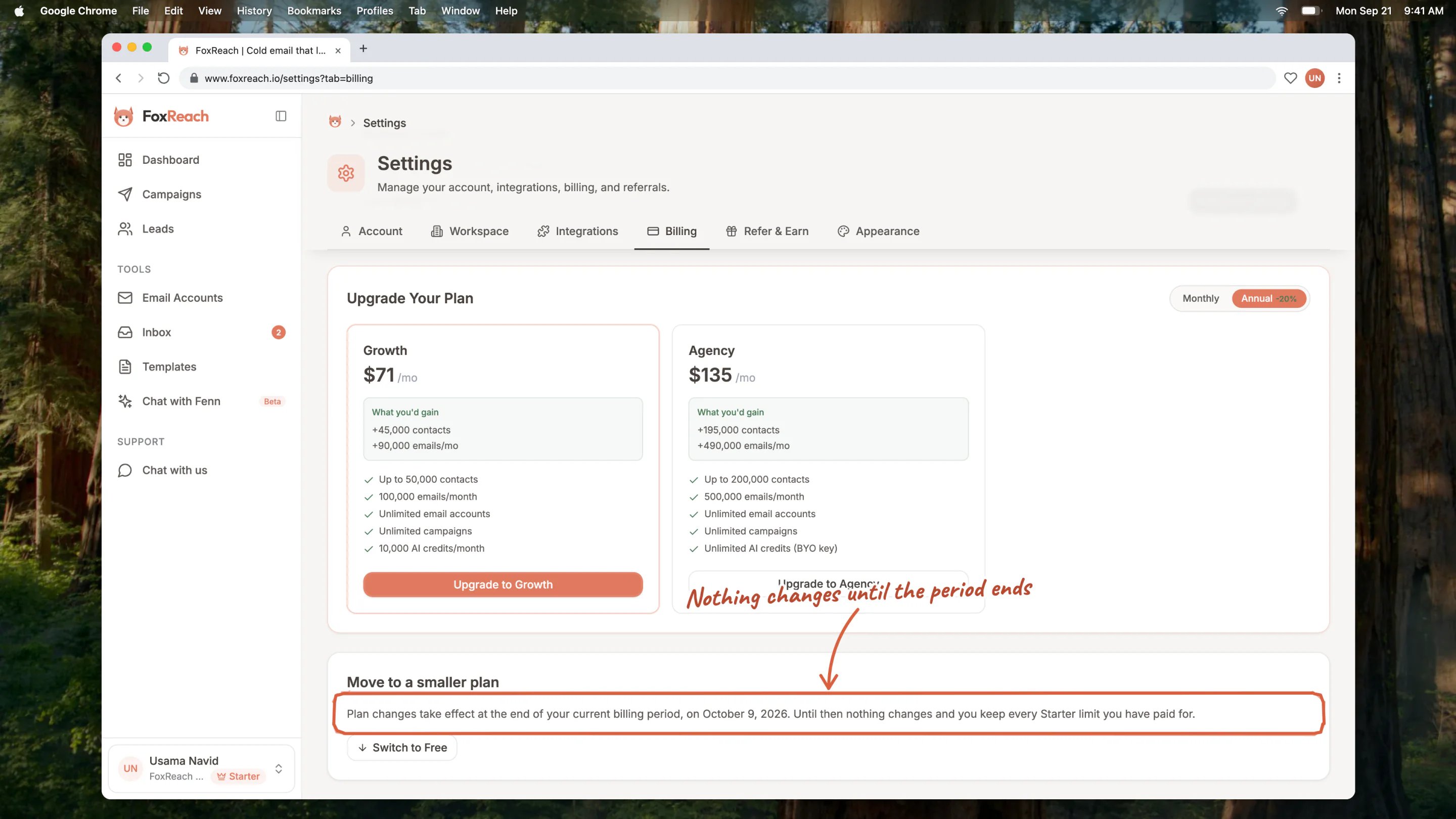 The Move to a smaller plan section, which says plan changes take effect at the end of the current billing period, with the Switch to Free button