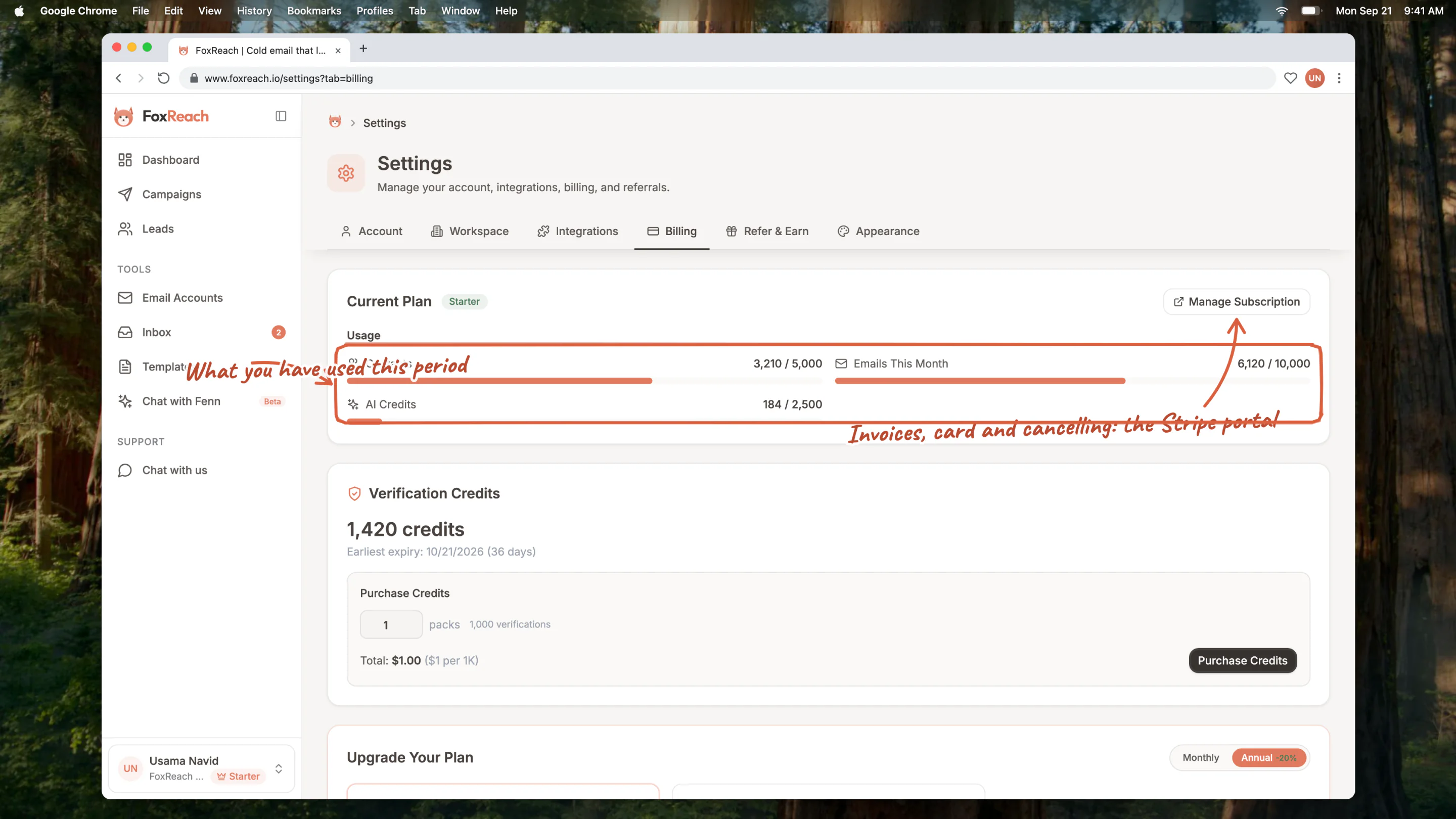 The Billing tab on a Starter workspace: the current plan with the Manage Subscription button, usage bars for contacts, emails and AI credits, and the verification credit balance with the Purchase Credits box