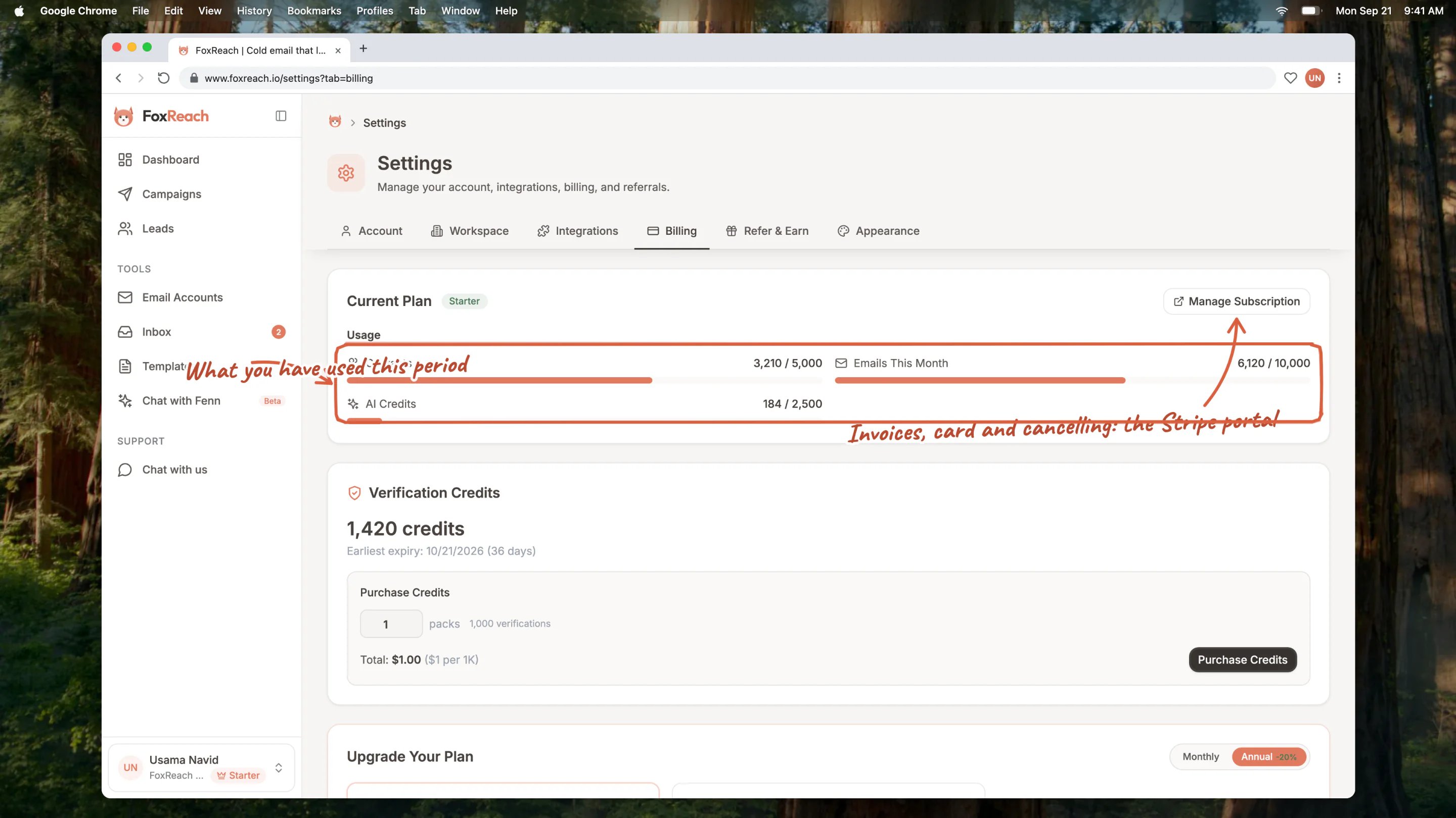 The Billing tab on a Starter workspace: the current plan with the Manage Subscription button, usage bars for contacts, emails and AI credits, and the verification credit balance with the Purchase Credits box
