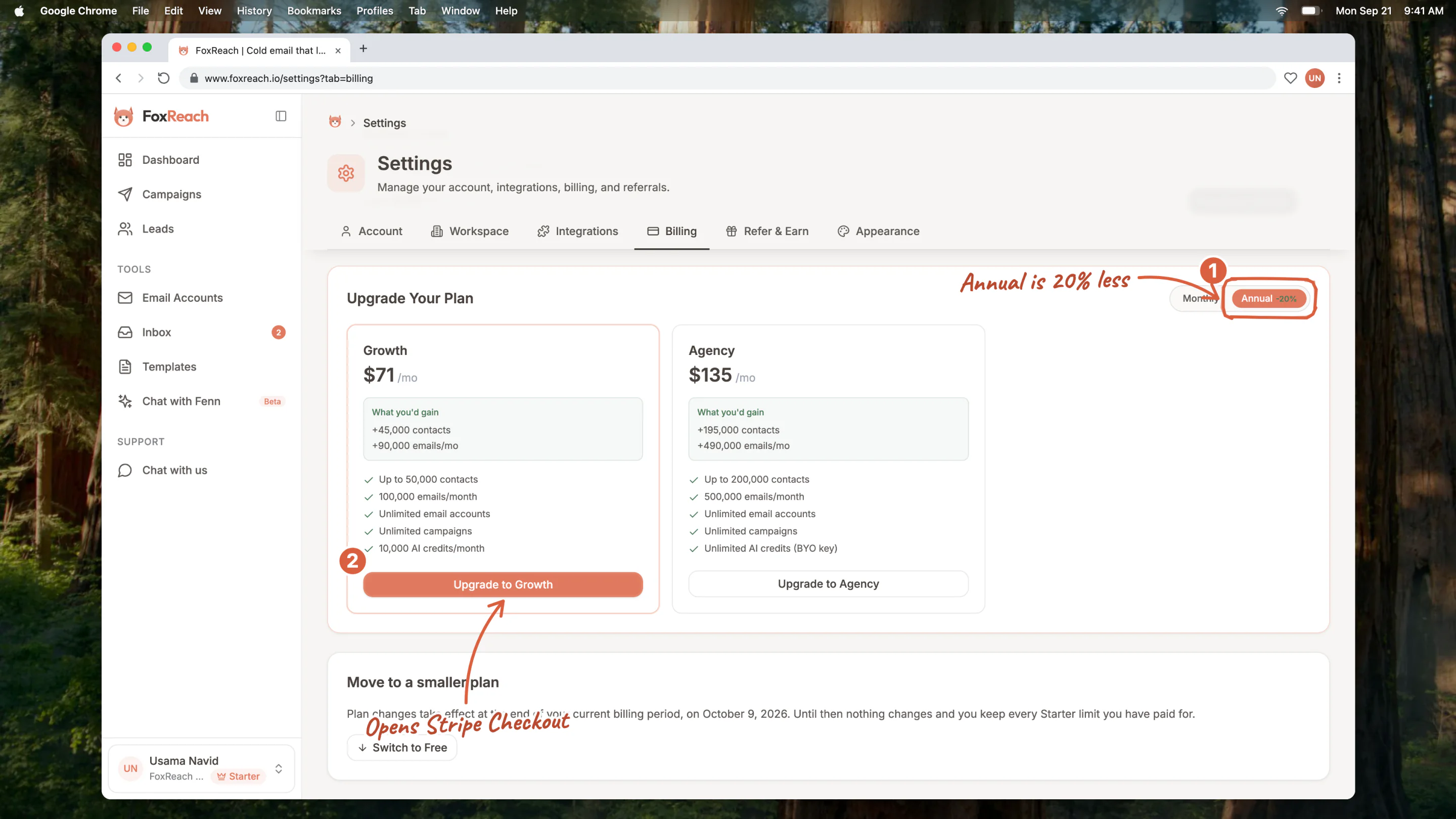 The Upgrade Your Plan section with Annual selected and the Growth and Agency cards, each with the Upgrade button that opens Stripe Checkout
