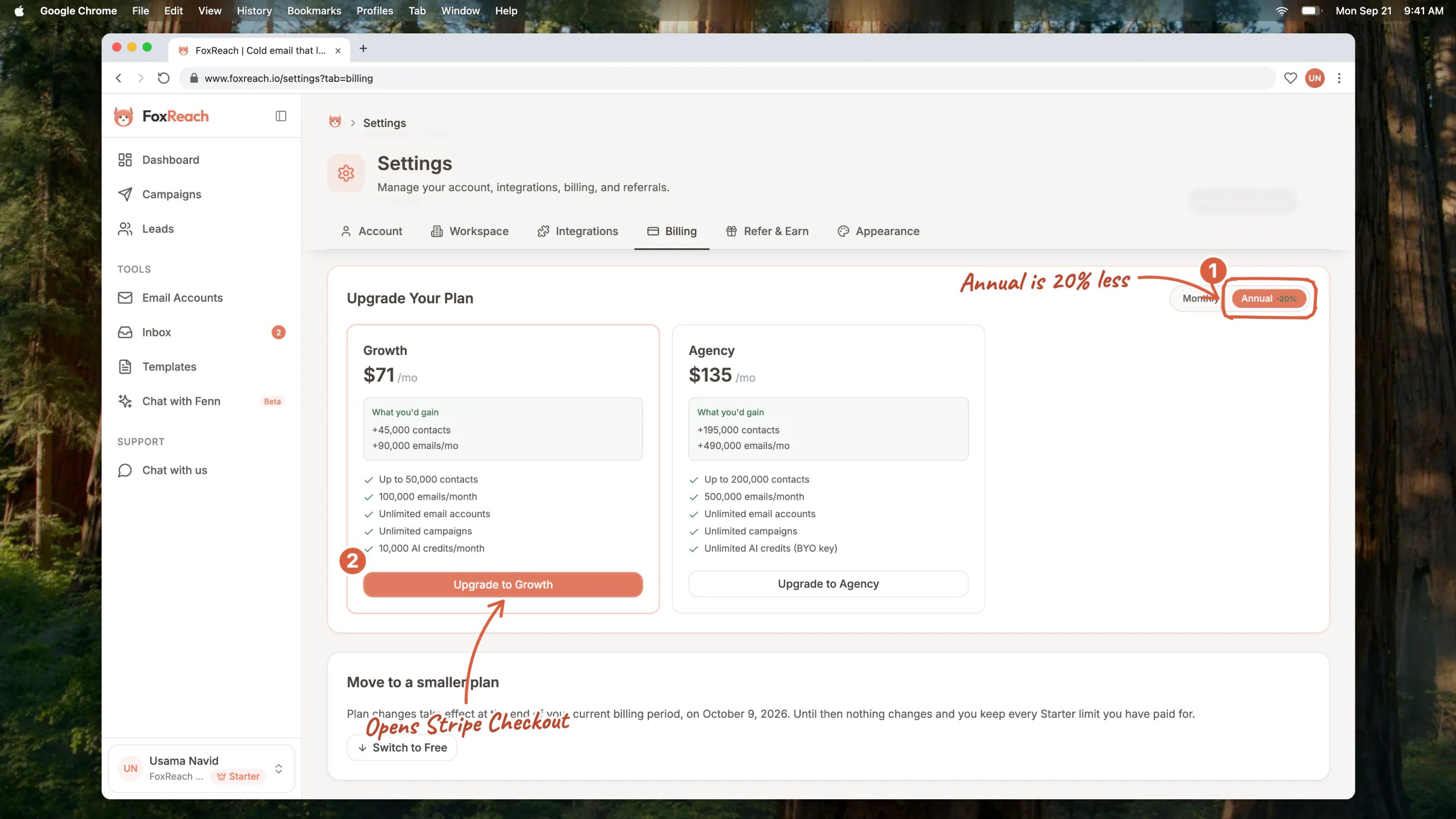 The Upgrade Your Plan section with Annual selected and the Growth and Agency cards, each with the Upgrade button that opens Stripe Checkout