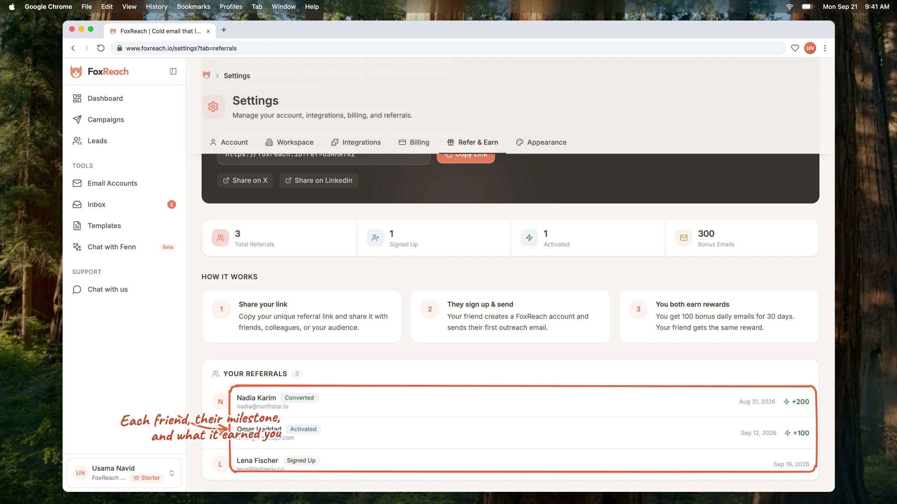 The Refer & Earn tab scrolled to the stat tiles and the Your referrals list, with three friends at the Converted, Activated and Signed up milestones