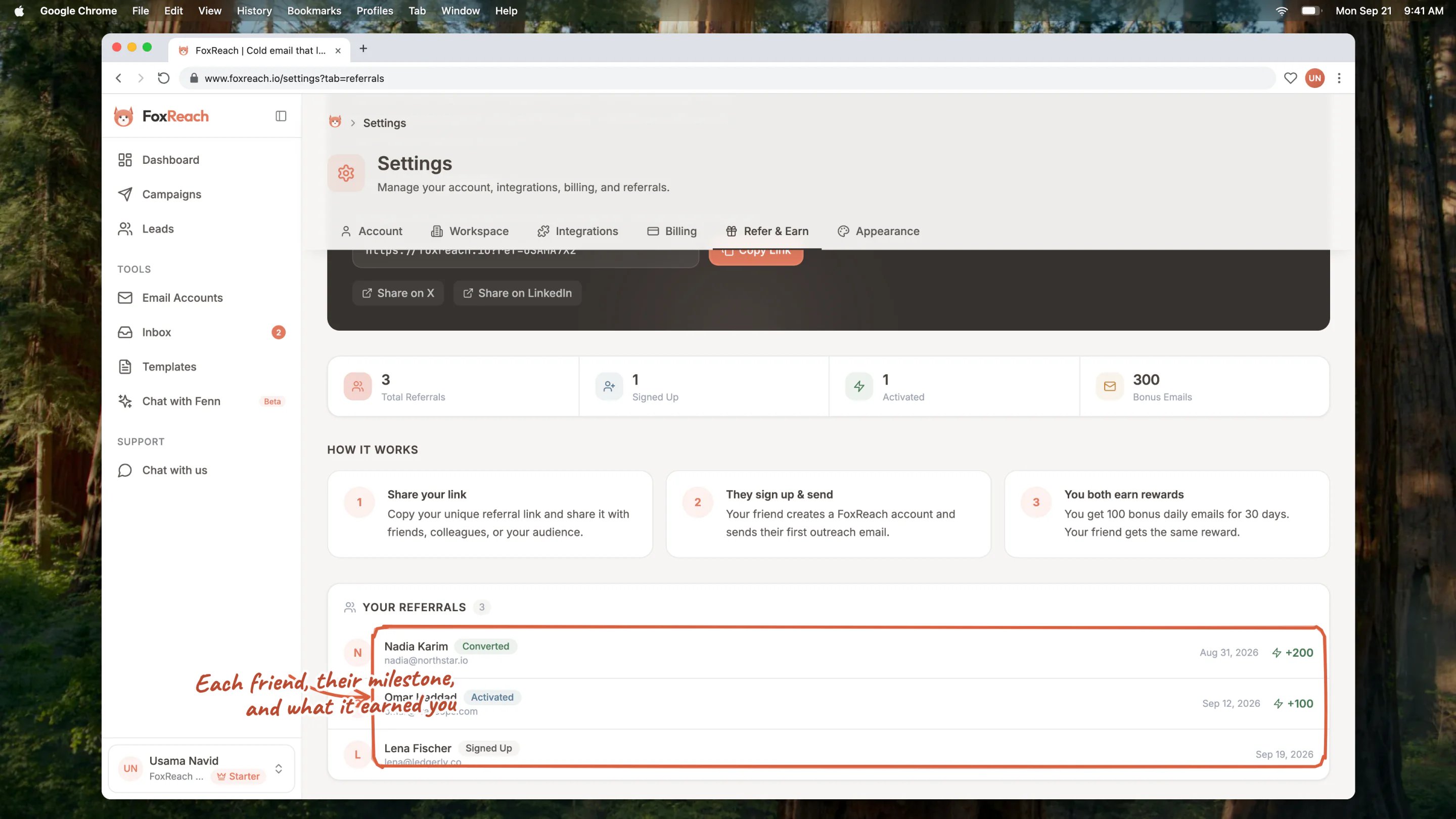 The Refer & Earn tab scrolled to the stat tiles and the Your referrals list, with three friends at the Converted, Activated and Signed up milestones