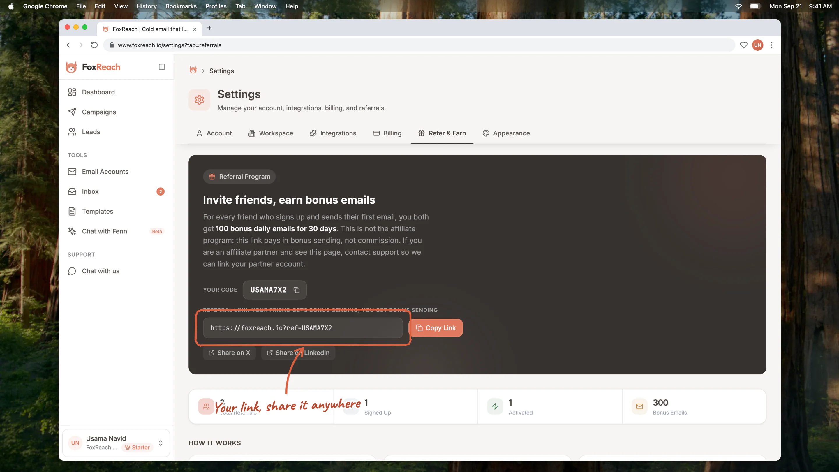 The Refer & Earn tab with the referral code, the personal link and the Copy Link and share buttons