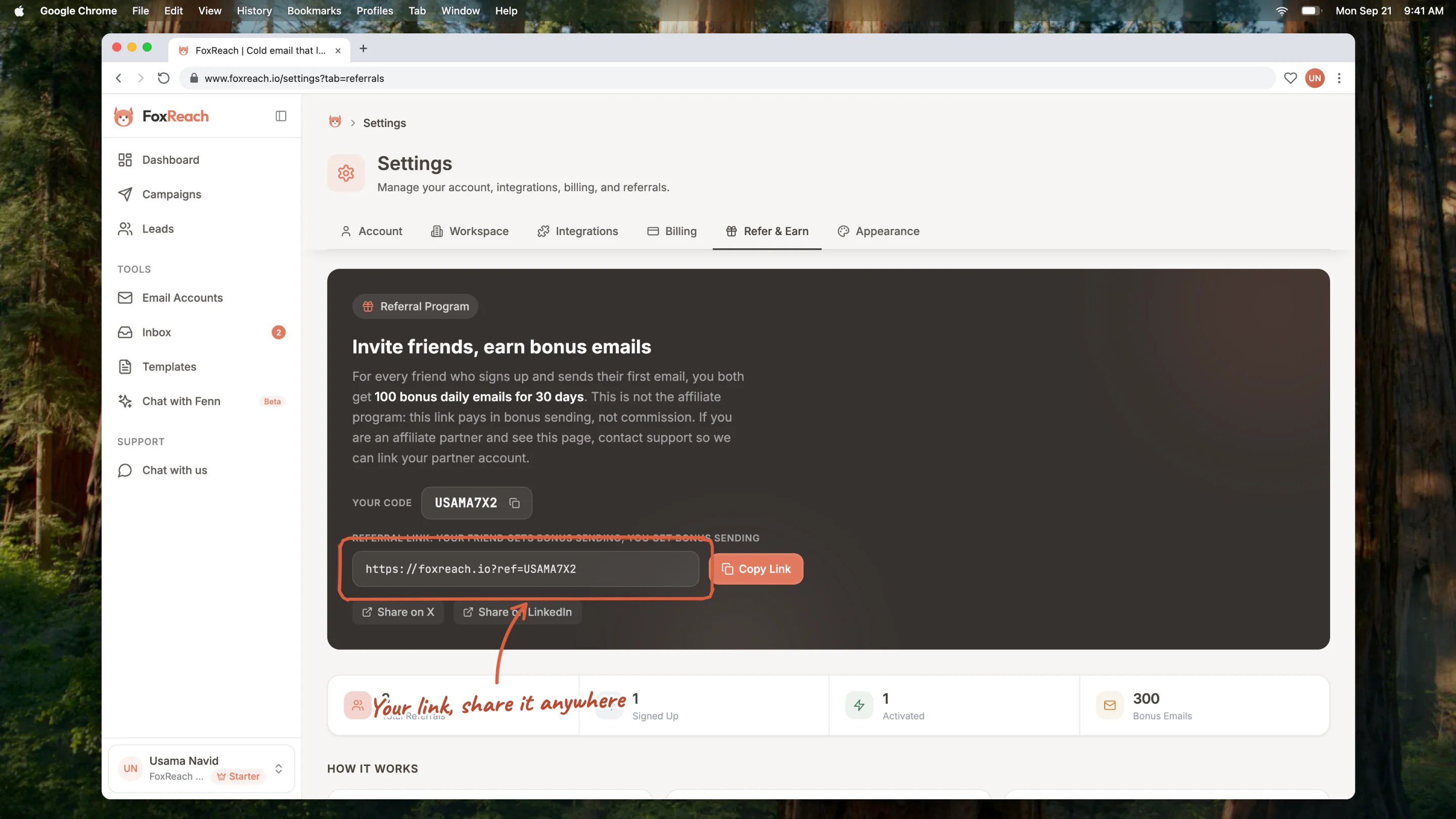 The Refer & Earn tab with the referral code, the personal link and the Copy Link and share buttons