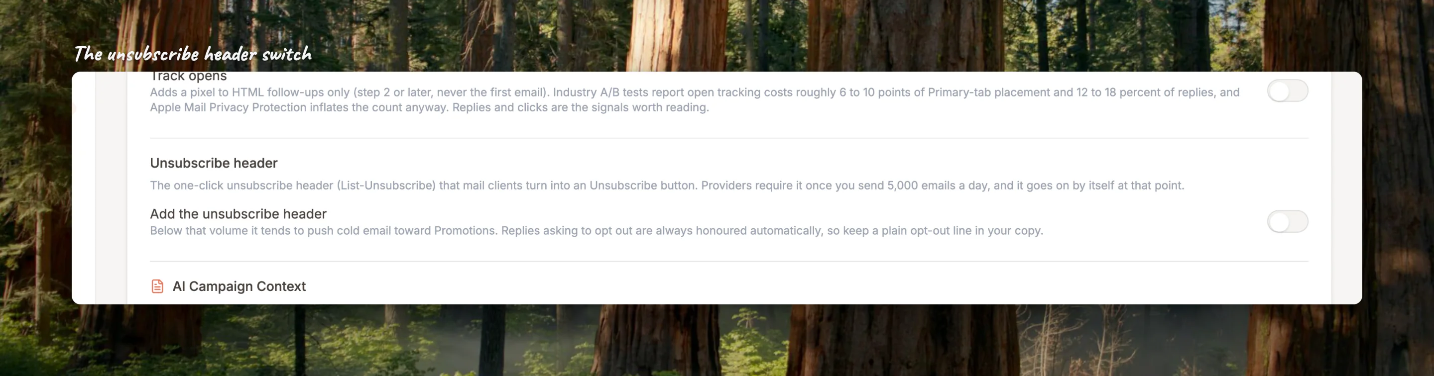 Close-up of the Add the unsubscribe header switch and its explanation