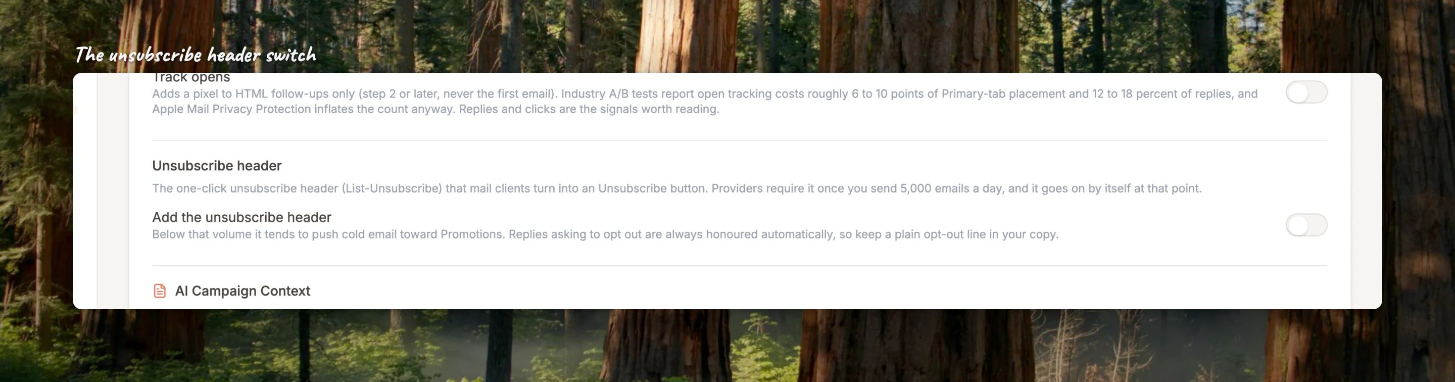 Close-up of the Add the unsubscribe header switch and its explanation