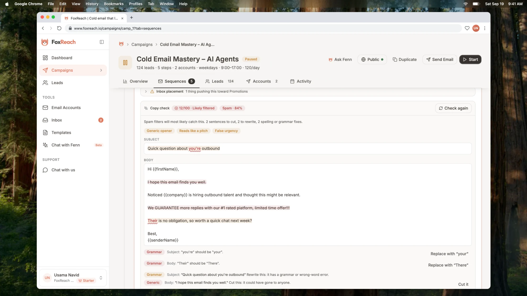 A Copy check verdict showing a low inbox score, a Spam prediction, signals, and highlighted sentences and words