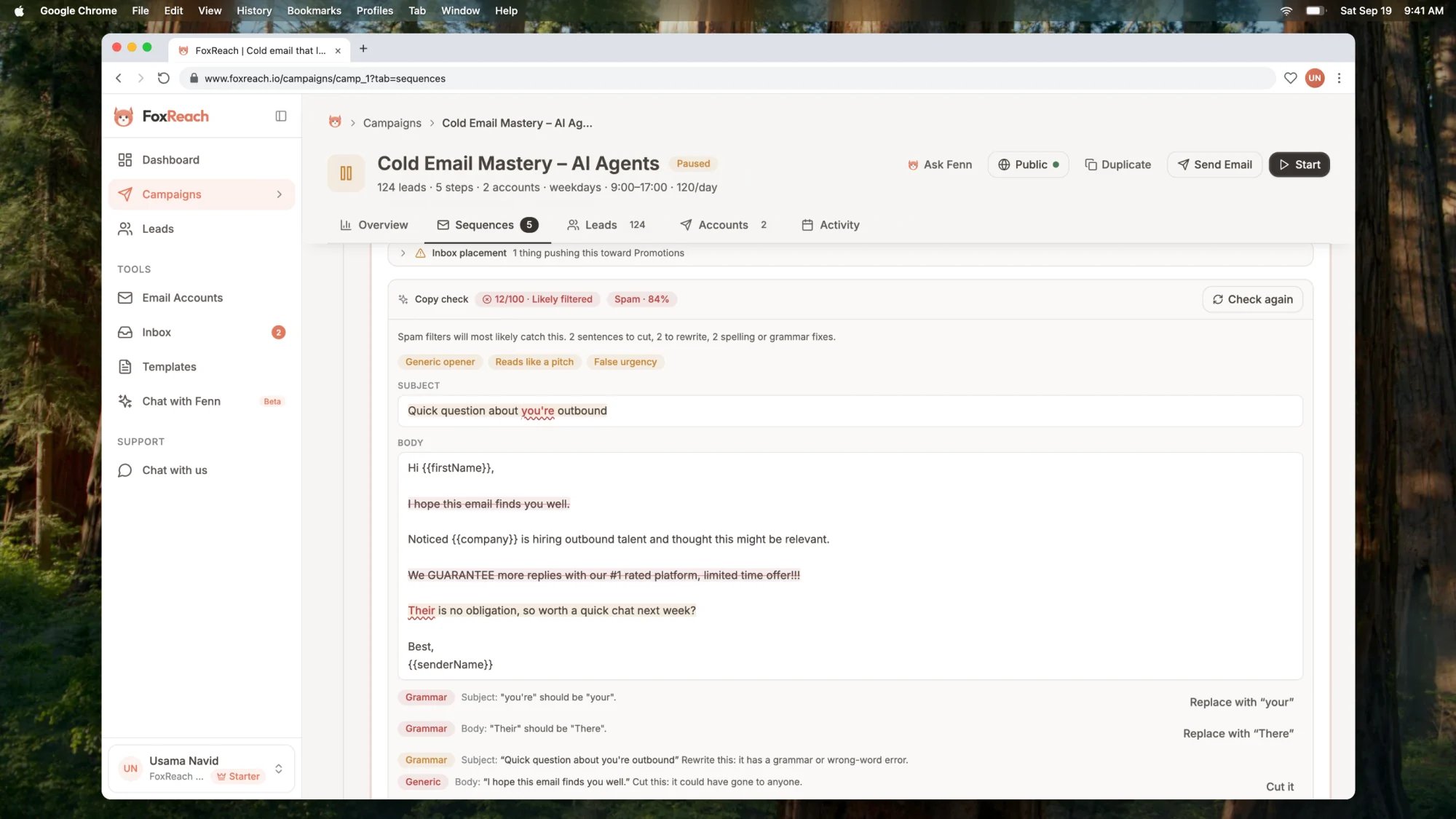A Copy check verdict showing a low inbox score, a Spam prediction, signals, and highlighted sentences and words