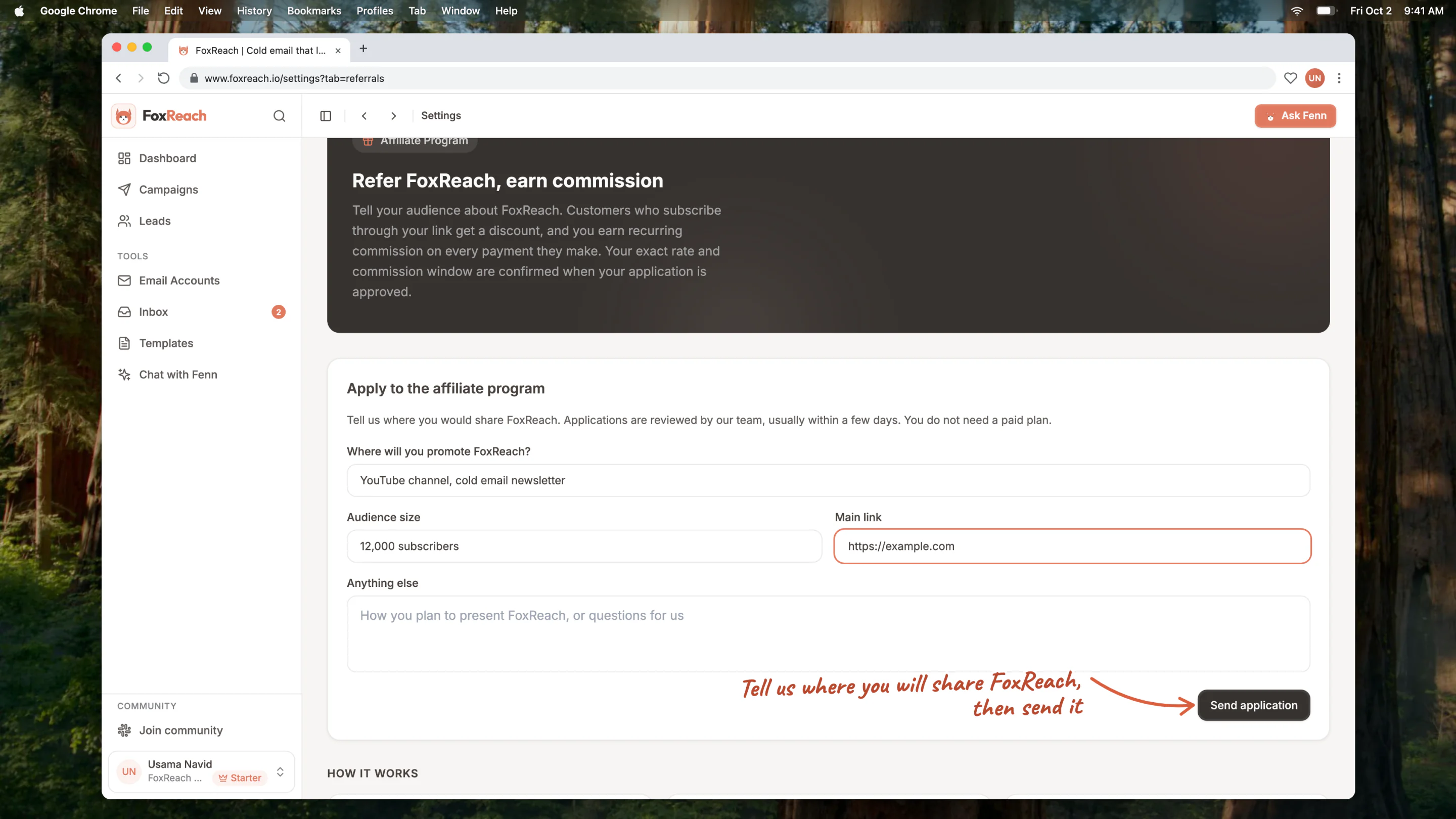The Refer & Earn tab before applying, with the application form filled in and the Send application button