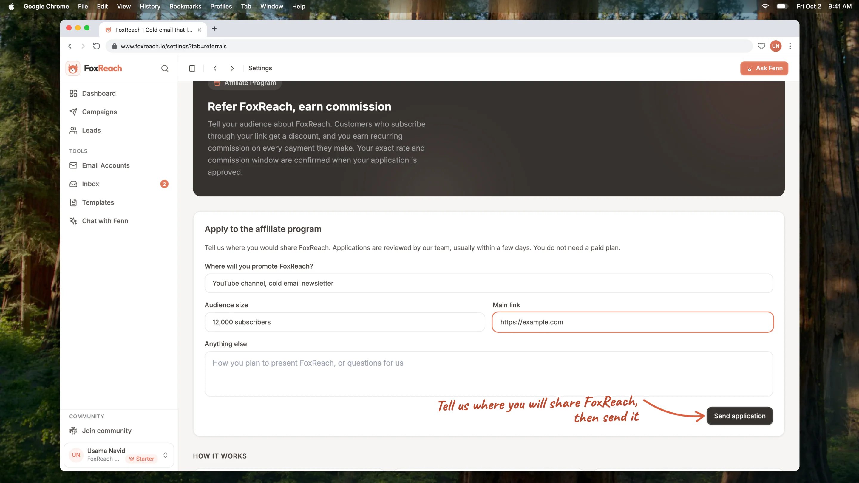 The Refer & Earn tab before applying, with the application form filled in and the Send application button