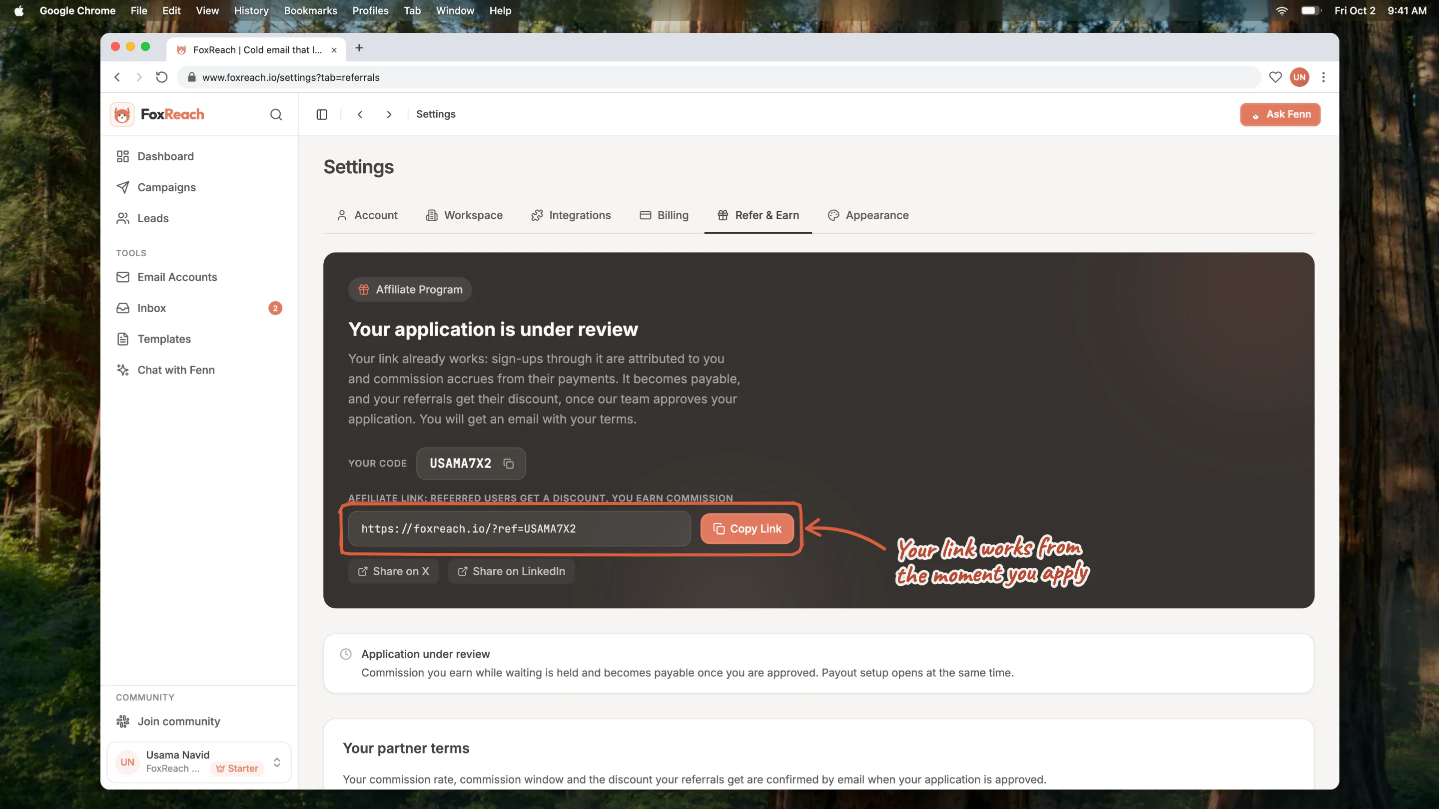 The Refer & Earn tab right after applying, with the application under review and the referral link ready to share
