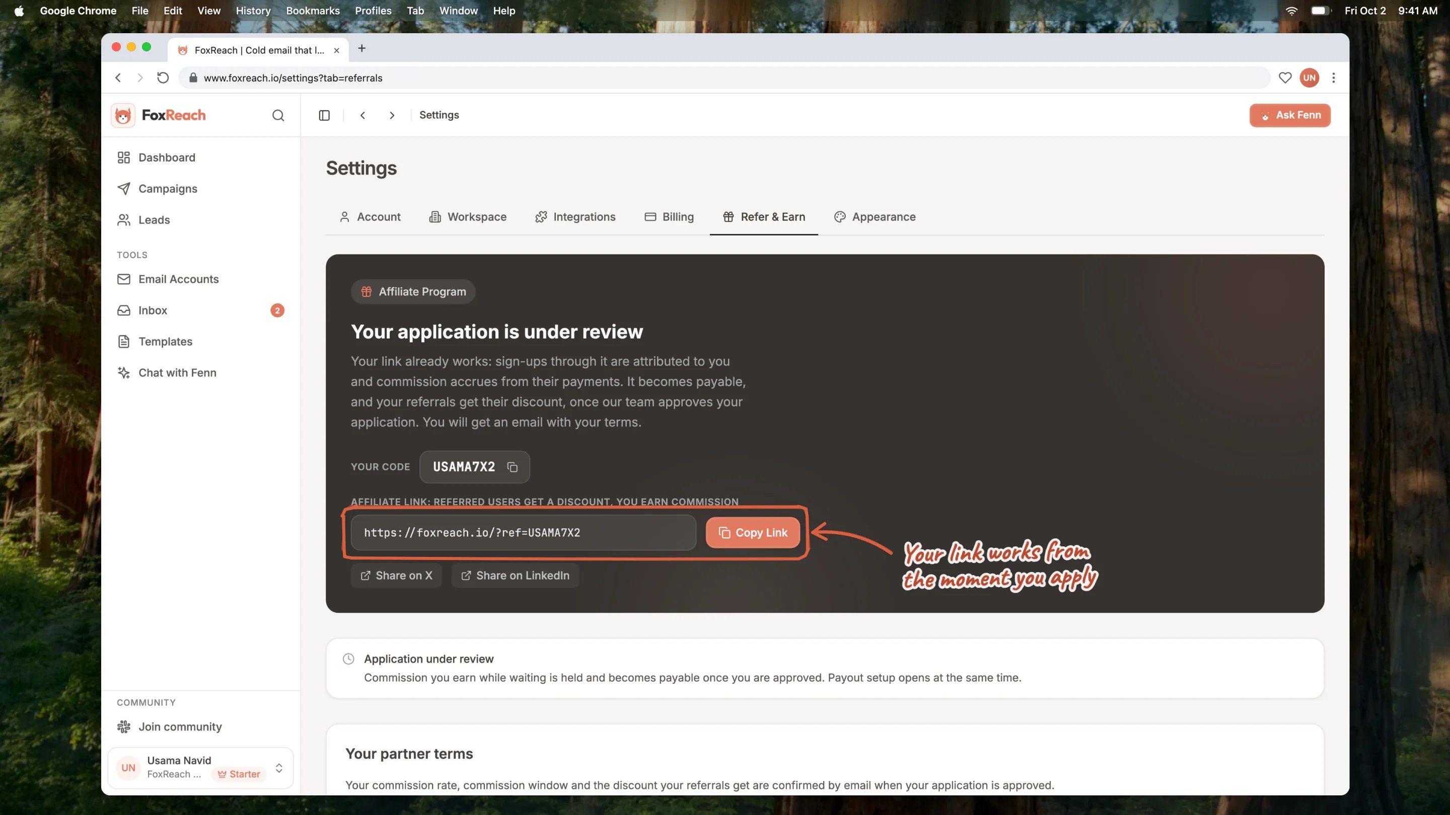 The Refer & Earn tab right after applying, with the application under review and the referral link ready to share