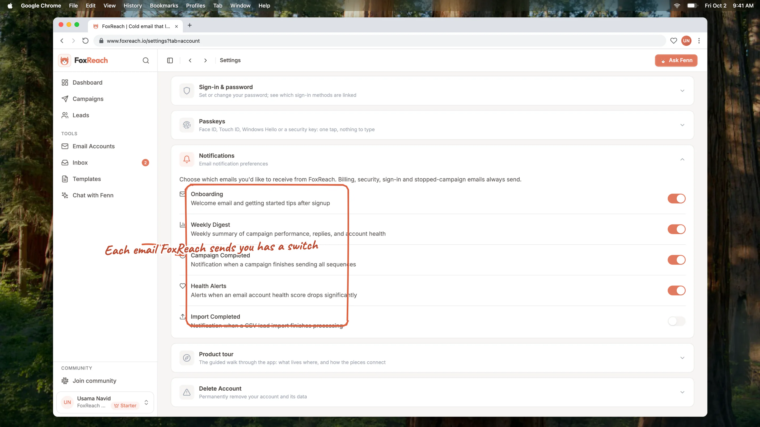 The Notifications section with a switch for each kind of email: Onboarding, Weekly Digest, Campaign Completed, Health Alerts and Import Completed