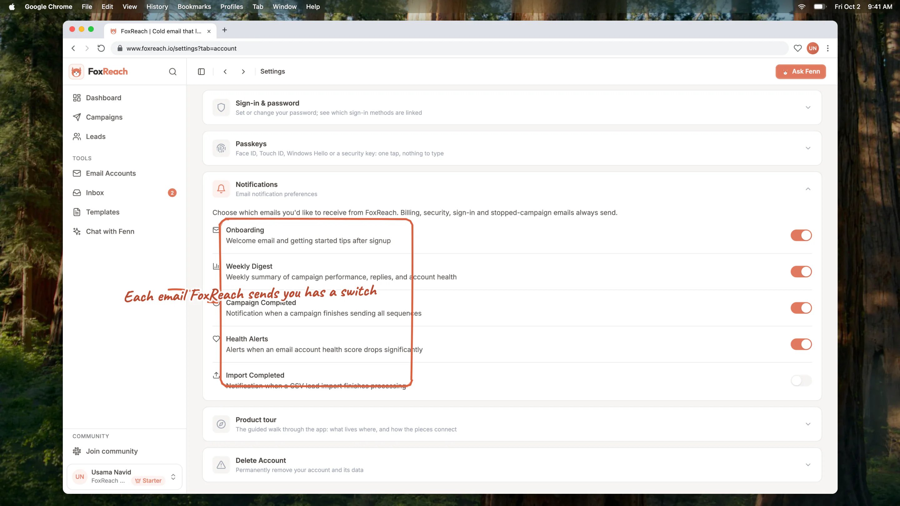 The Notifications section with a switch for each kind of email: Onboarding, Weekly Digest, Campaign Completed, Health Alerts and Import Completed