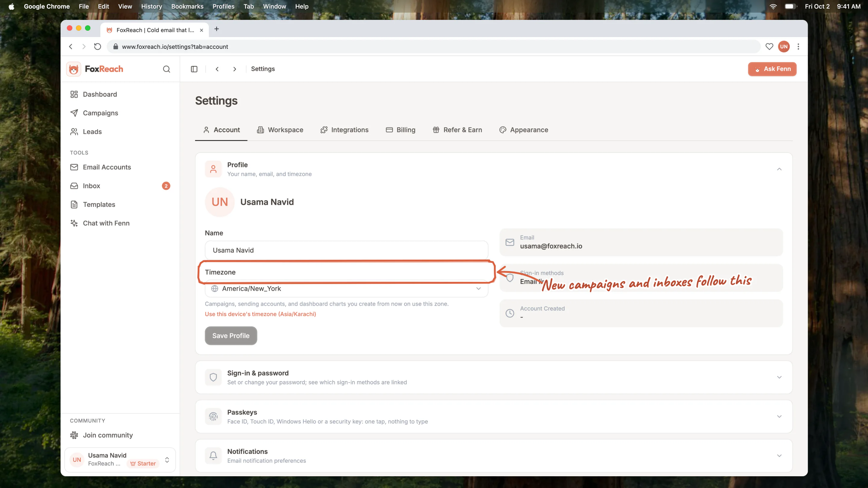 The Profile section of the Account tab with the name and timezone fields, the Use this device's timezone shortcut, and the email and sign-in methods beside them