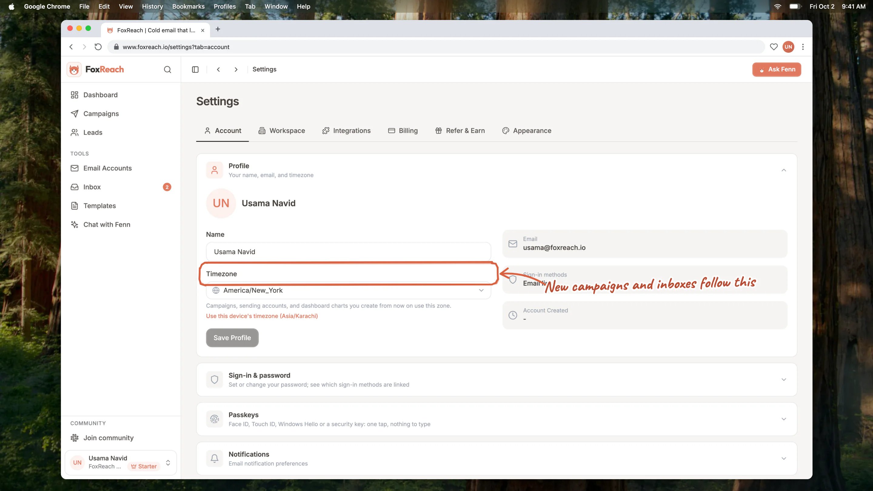 The Profile section of the Account tab with the name and timezone fields, the Use this device's timezone shortcut, and the email and sign-in methods beside them