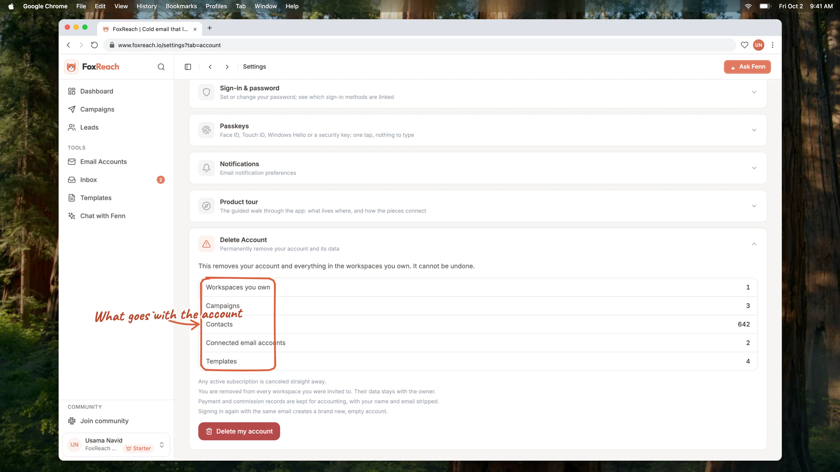 The Delete Account section listing what would be removed: workspaces you own, campaigns, contacts, connected email accounts and templates