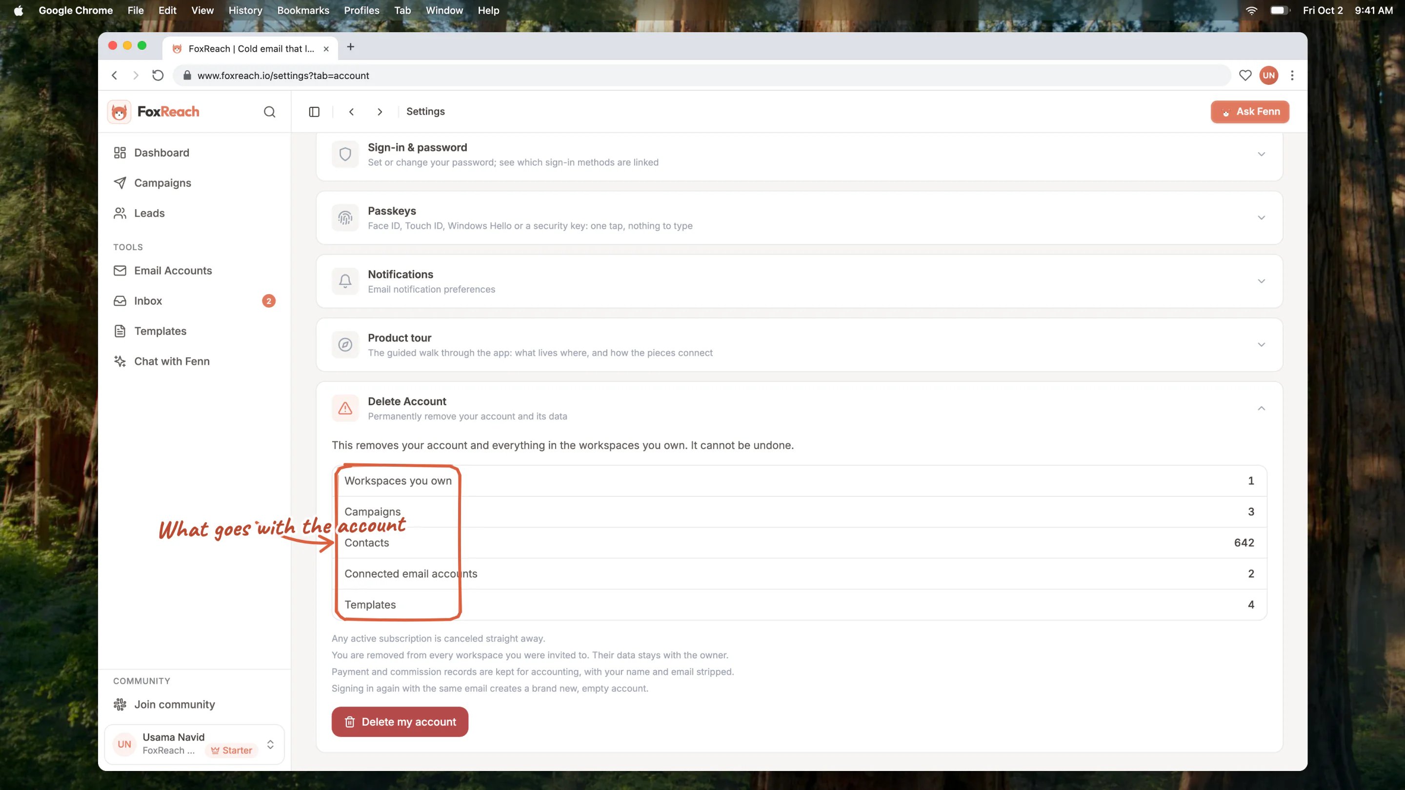 The Delete Account section listing what would be removed: workspaces you own, campaigns, contacts, connected email accounts and templates