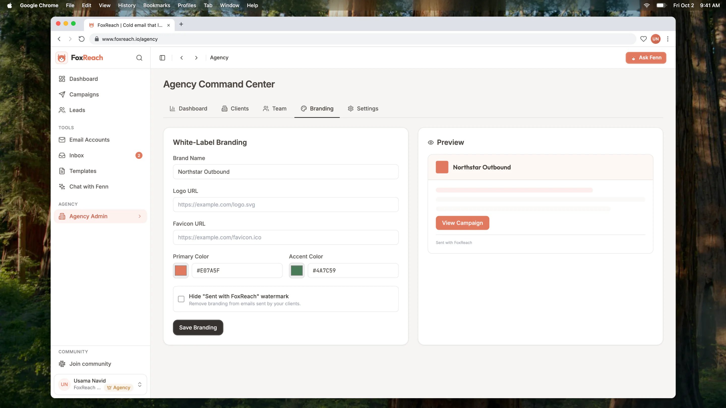 The Branding tab with agency name, logo and colors