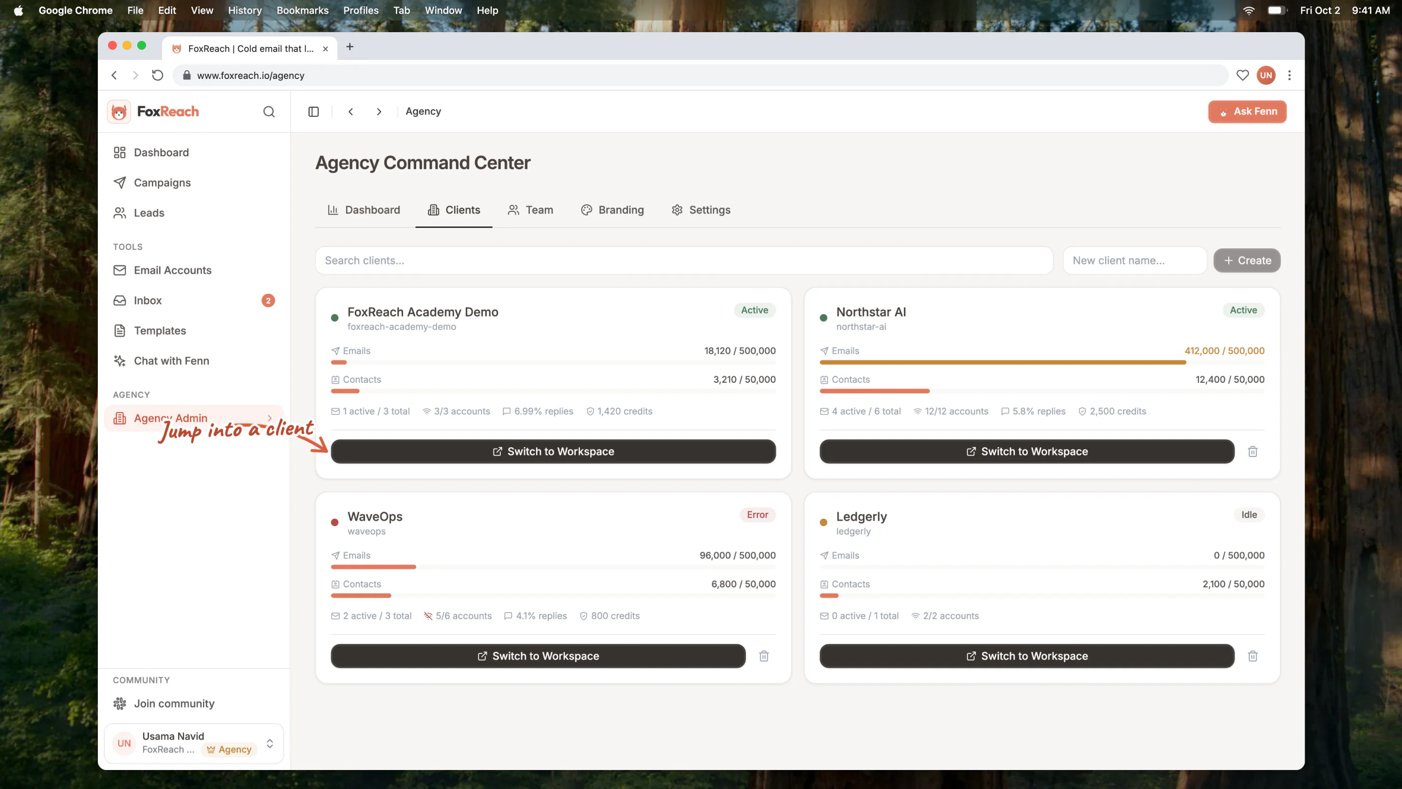 The Clients tab with one card per client workspace showing usage against limits, health and Switch to Workspace