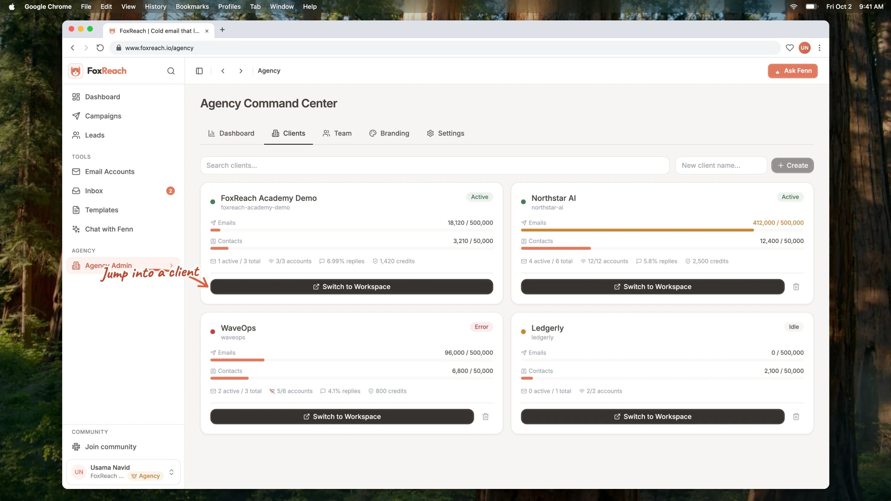 The Clients tab with one card per client workspace showing usage against limits, health and Switch to Workspace