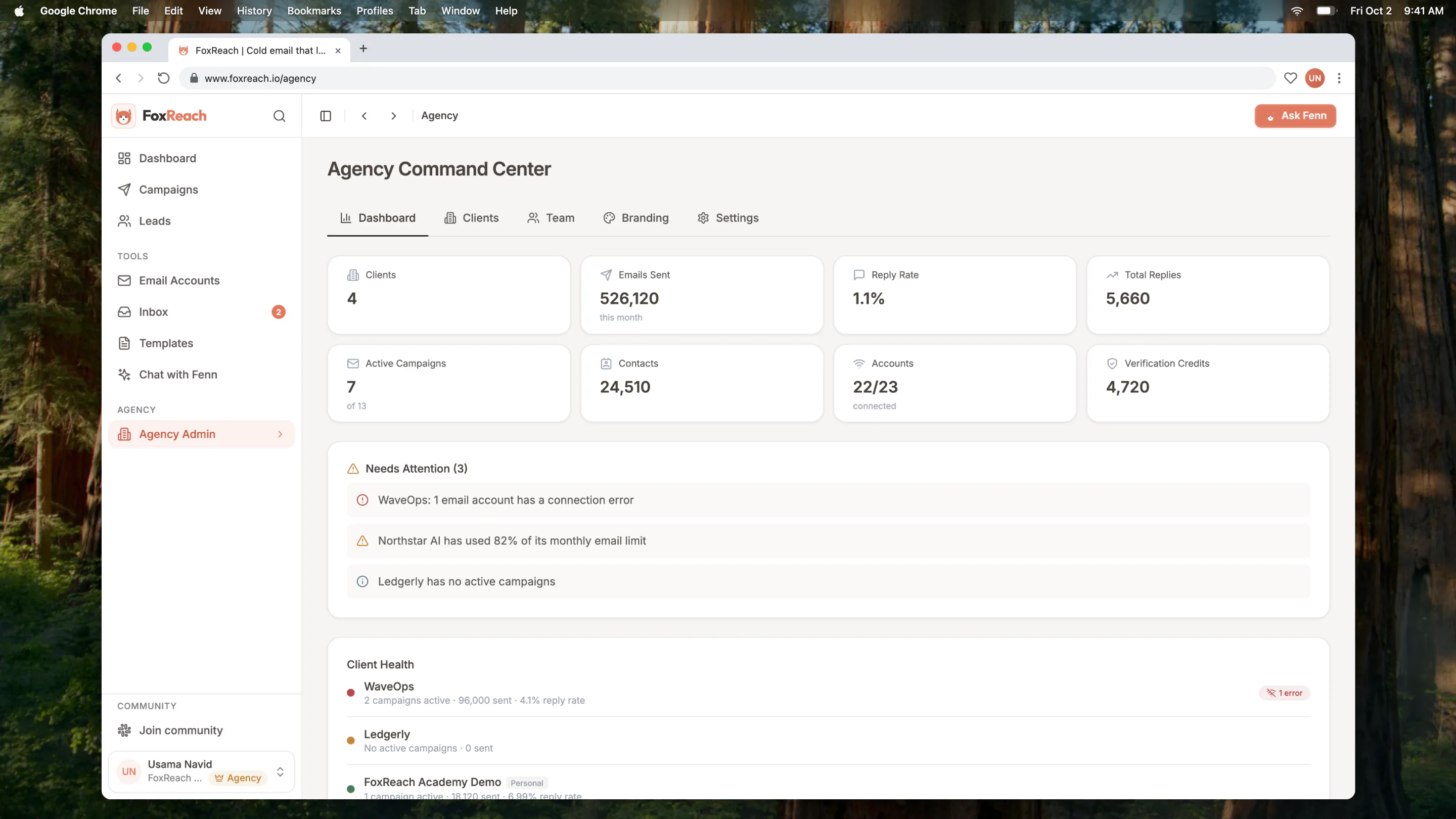 The Agency Command Center dashboard rolling up every client with the Needs Attention alerts