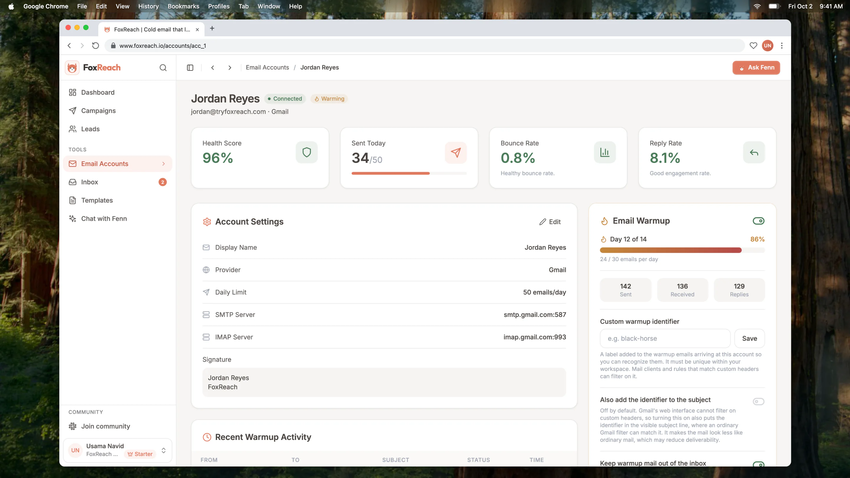 An account's detail page for Jordan Reyes, jordan@tryfoxreach.com, showing the daily limit, health score, signature and warmup settings